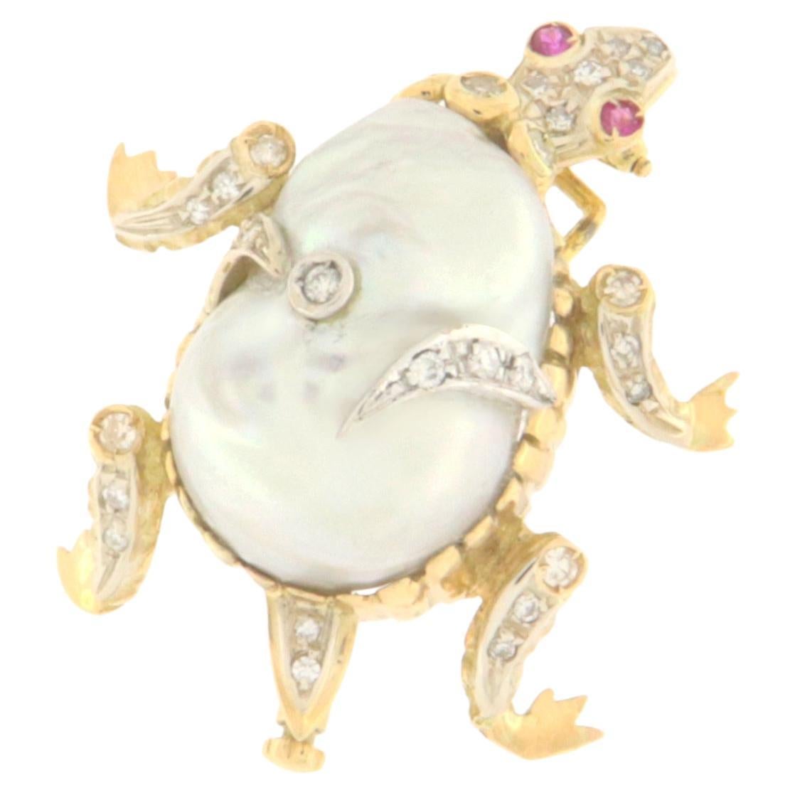 Turtle Pearl Diamonds Ruby 18 Karat Yellow Gold Brooch For Sale