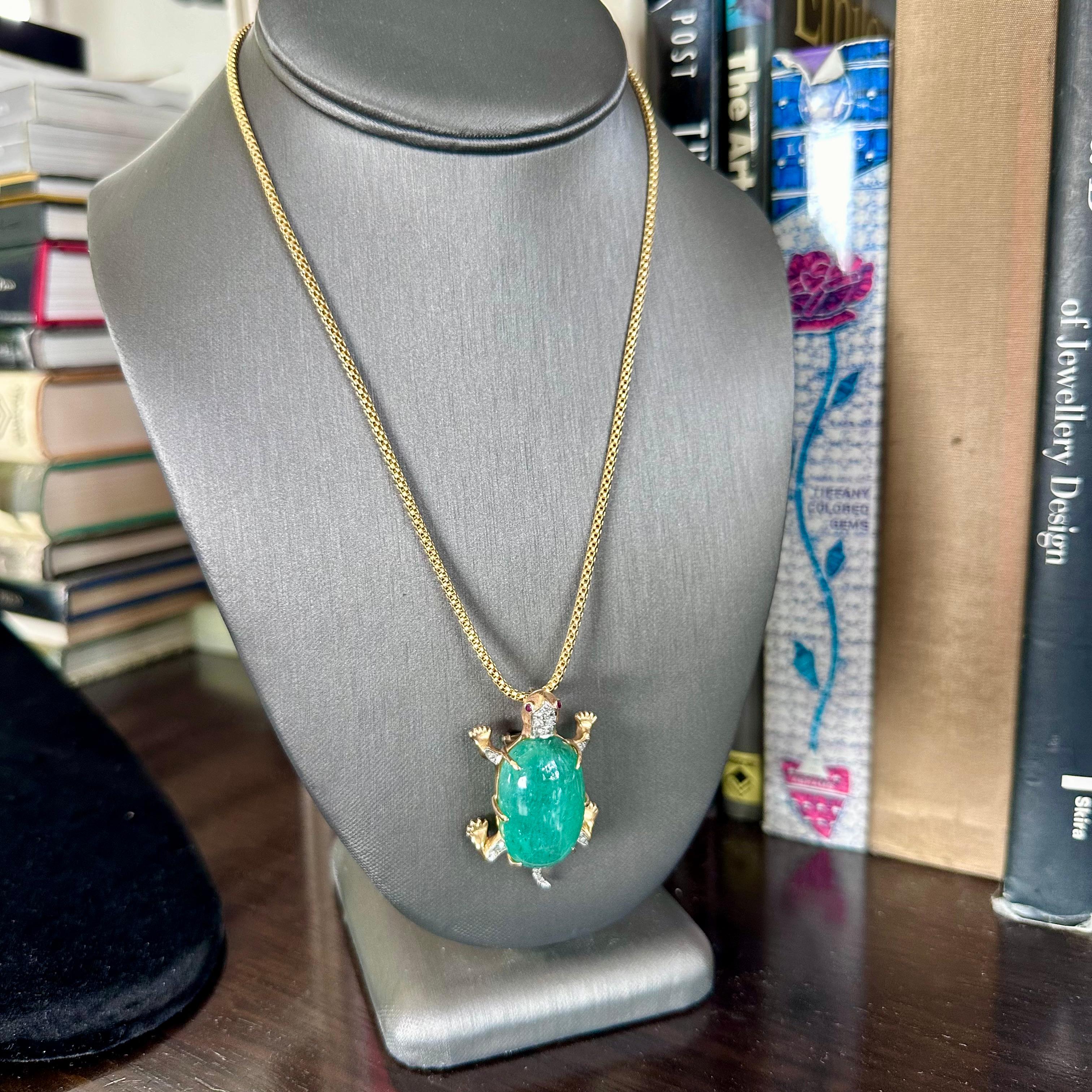 Emerald Cut Turtle Pendant Necklace with Diamond Green Emerald 14k Yellow Gold  For Sale