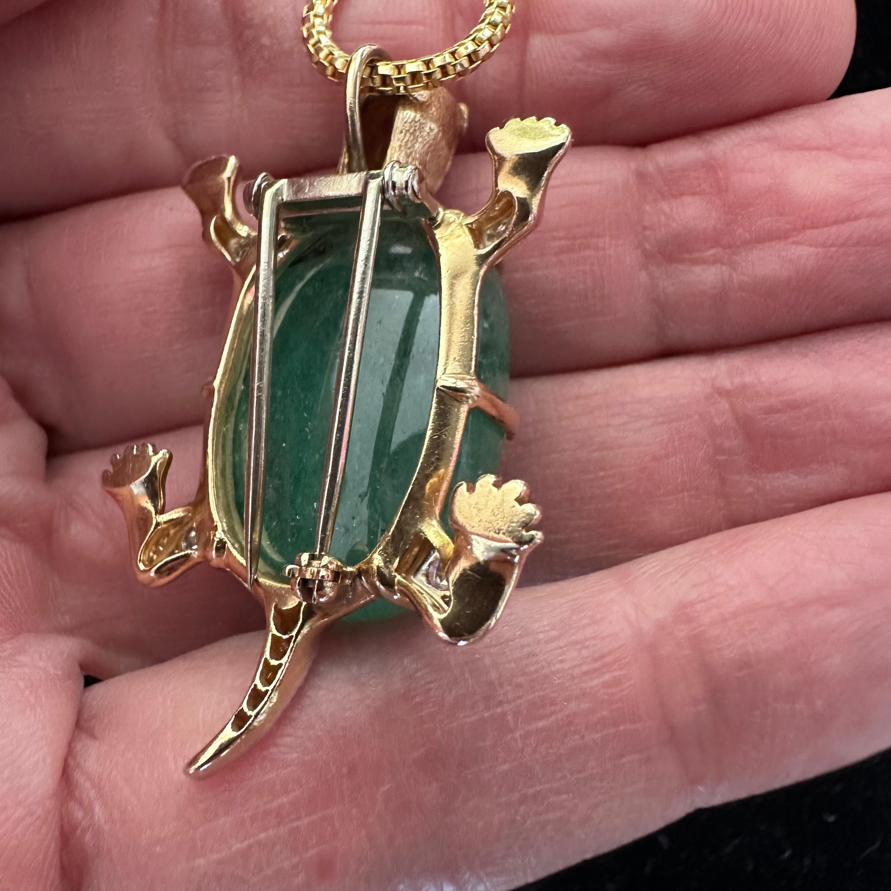 Women's or Men's Turtle Pendant Necklace with Diamond Green Emerald 14k Yellow Gold  For Sale