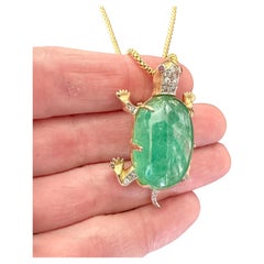 Vintage Turtle Pendant Necklace with Diamond Green Emerald 14k Yellow Gold 