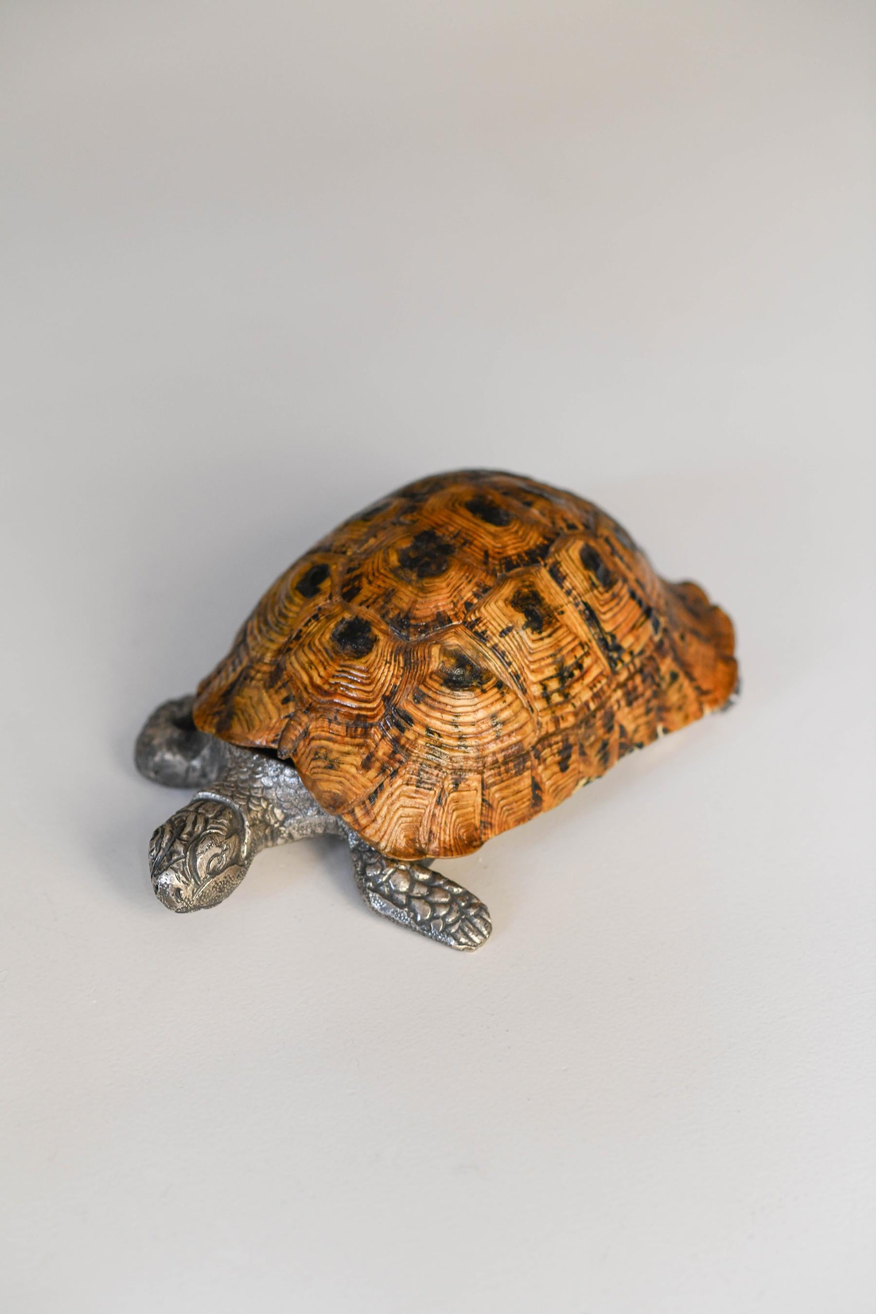 Turtle pocket emptier by Gabriella Crespi in silver metal and shell, engraved signature, 1970s.
Dimensions: 16 L x 7 H x 11 D cm