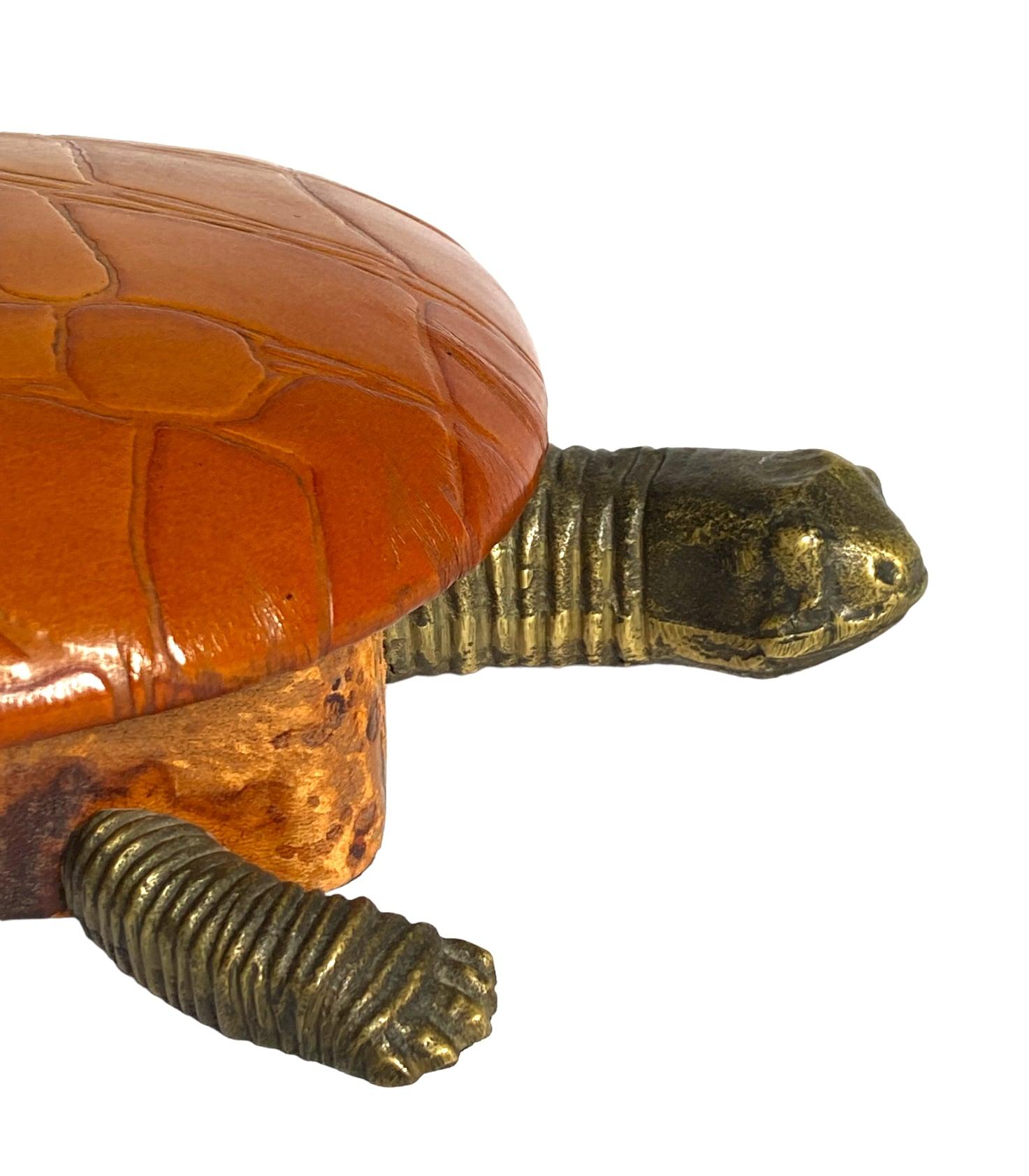 Turtle Shaped Leather and Bronze Jewelry Box, France 1950s For Sale 5