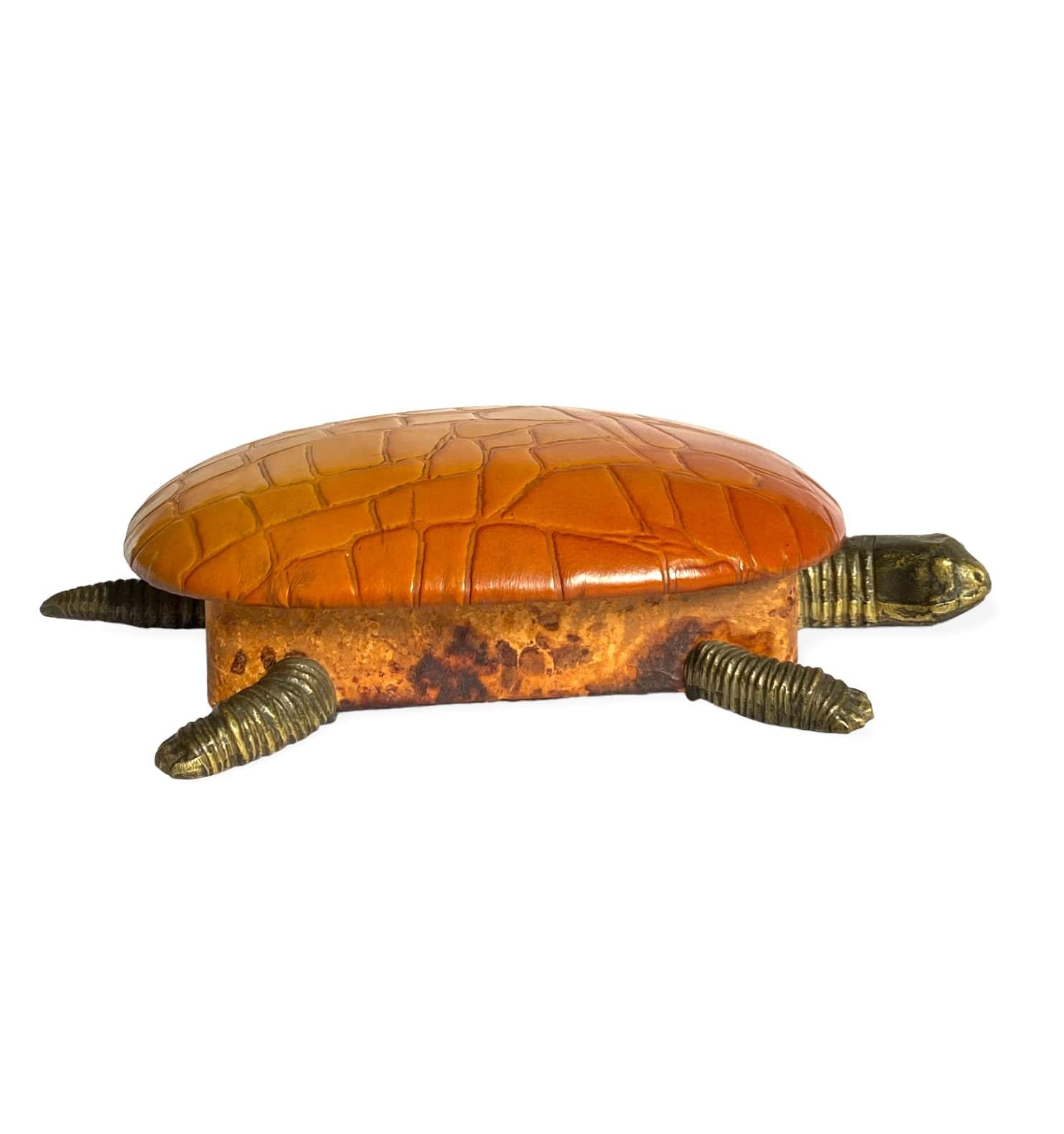 Turtle Shaped Leather and Bronze Jewelry Box, France 1950s For Sale 6
