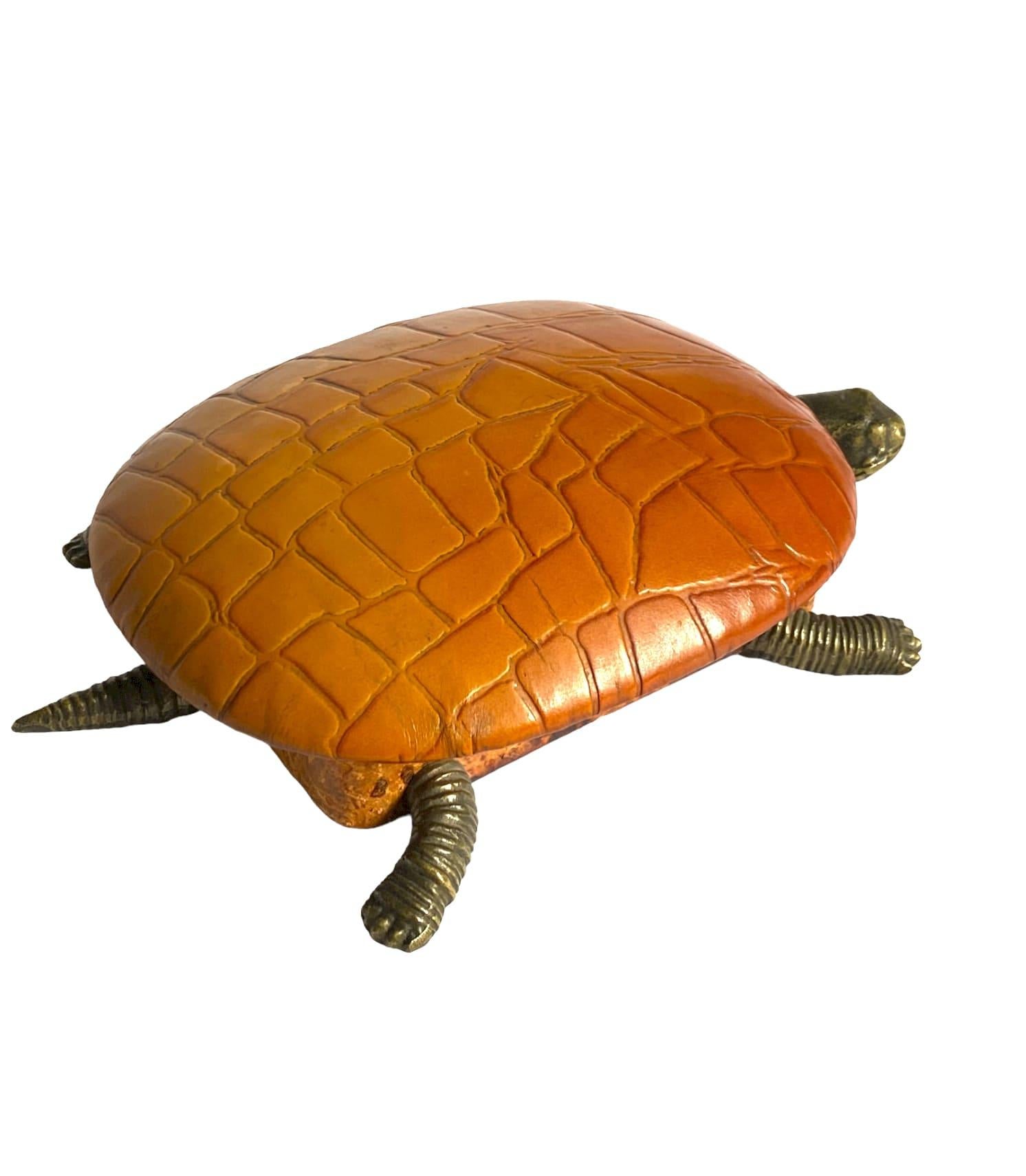 Turtle Shaped Leather and Bronze Jewelry Box, France 1950s For Sale 7