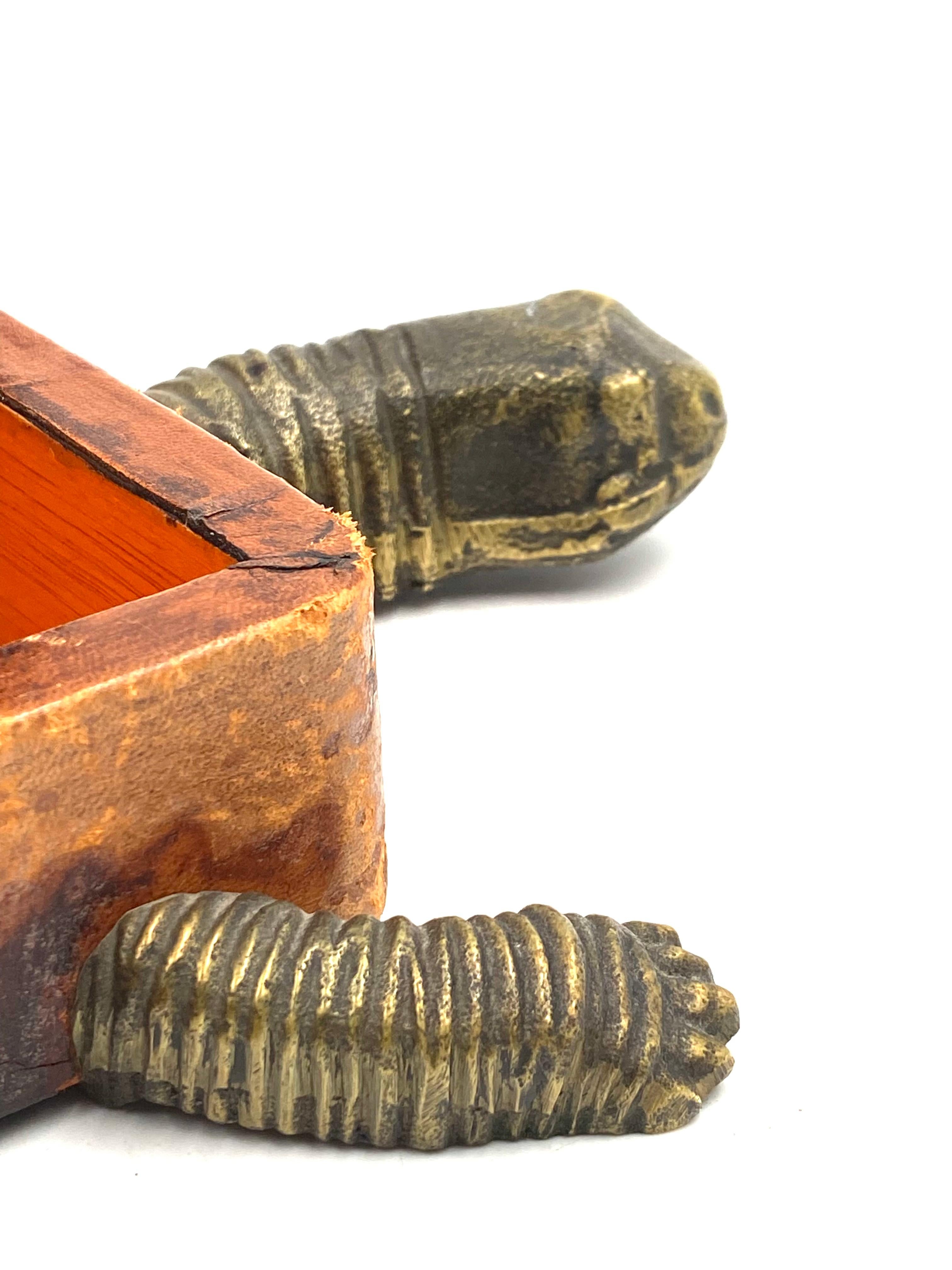 Turtle Shaped Leather and Bronze Jewelry Box, France 1950s For Sale 13