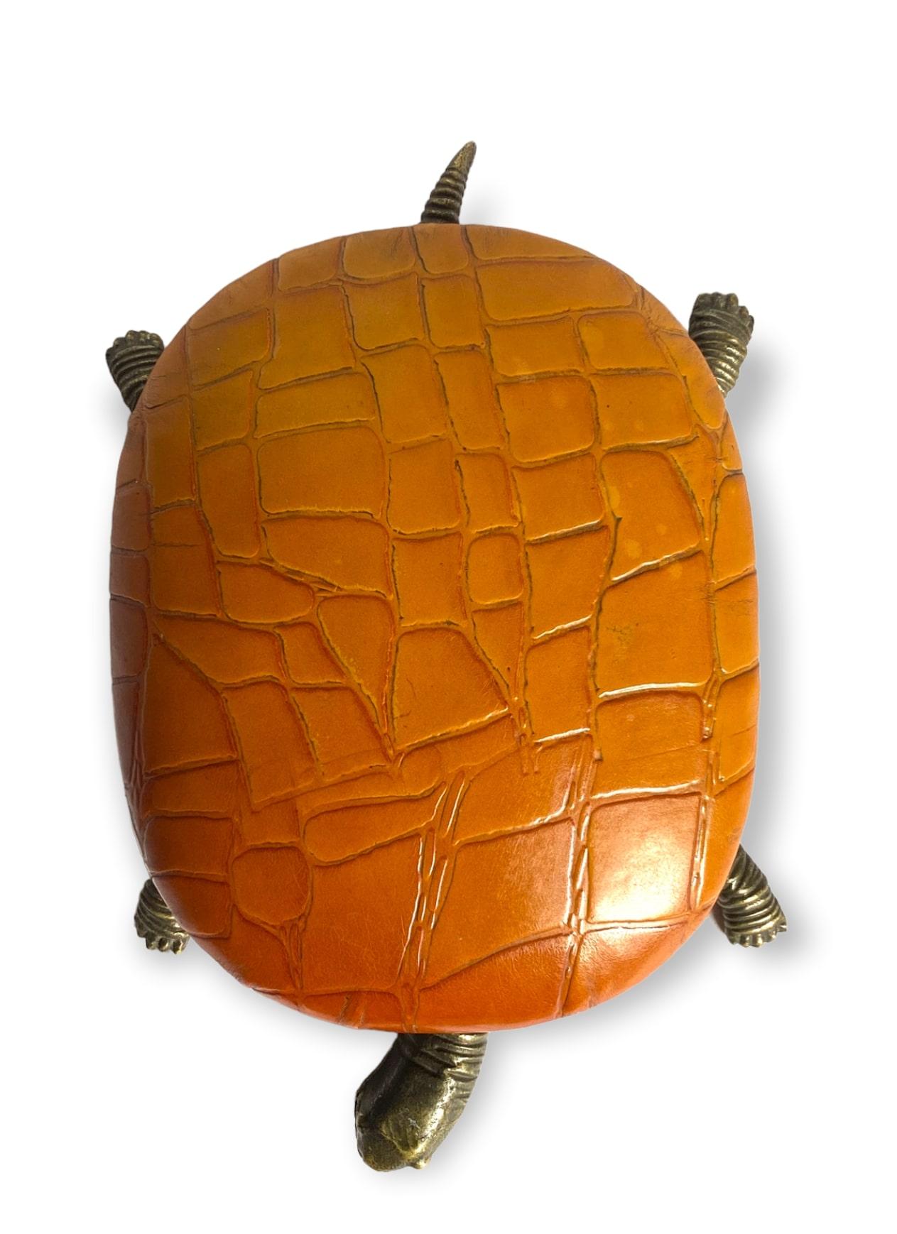 French Turtle Shaped Leather and Bronze Jewelry Box, France 1950s For Sale
