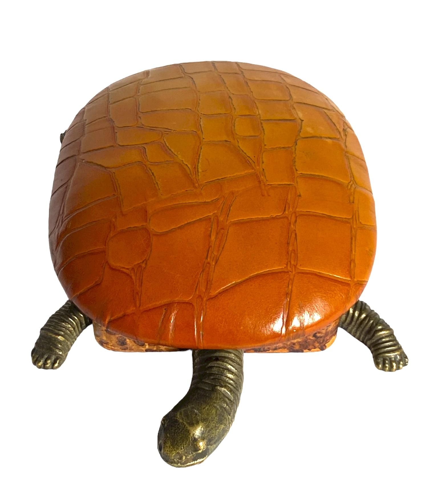 Turtle Shaped Leather and Bronze Jewelry Box, France 1950s For Sale 1