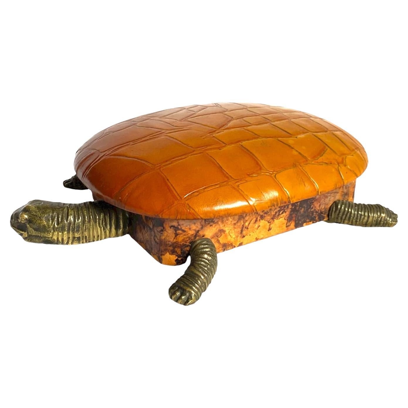 Turtle Shaped Leather and Bronze Jewelry Box, France 1950s For Sale