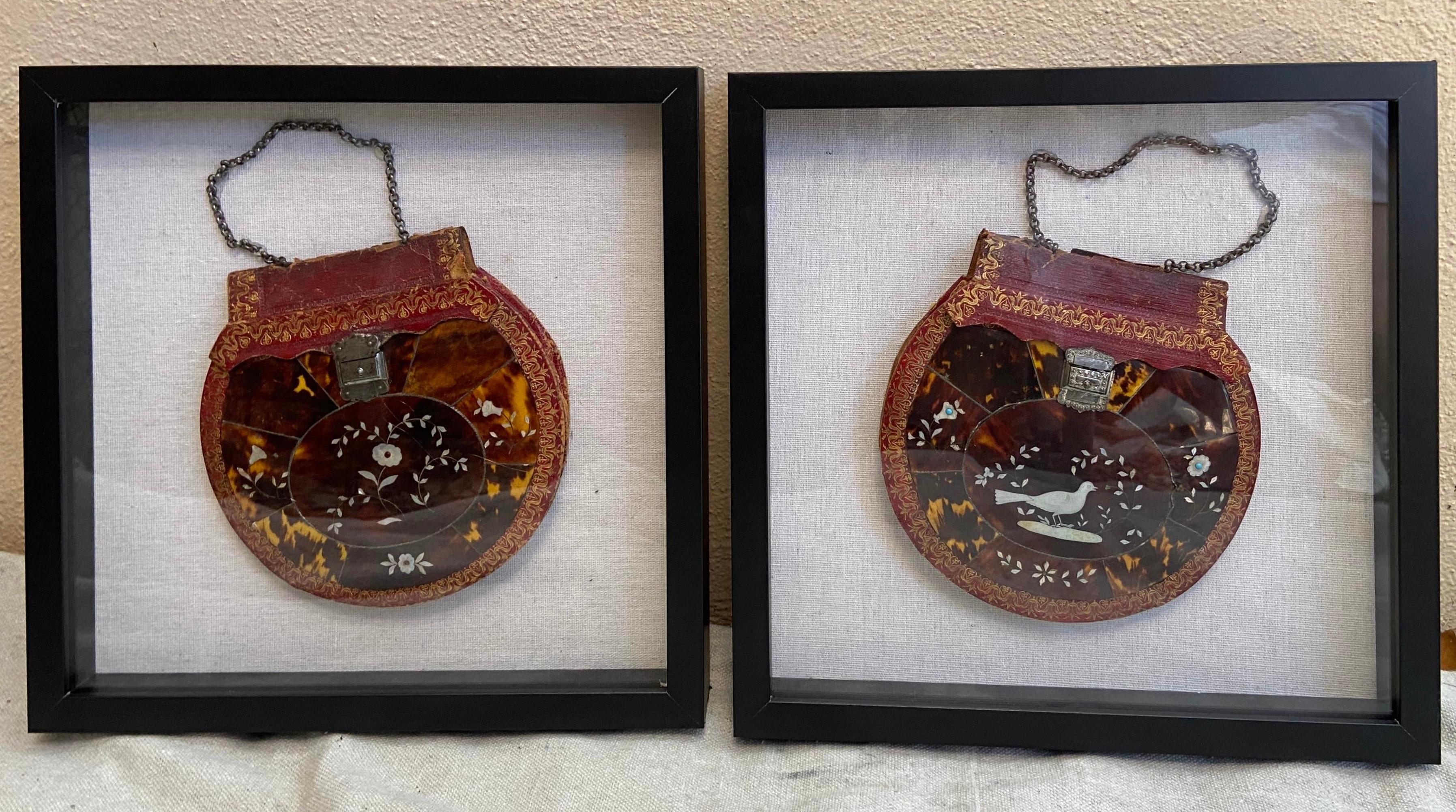 Beautiful set of two Mid-Century Modern shell purses. Both have mother of pearl, turquoise and silver inlay and are now mounted in new shadowboxes. Very unique decorative wall art.