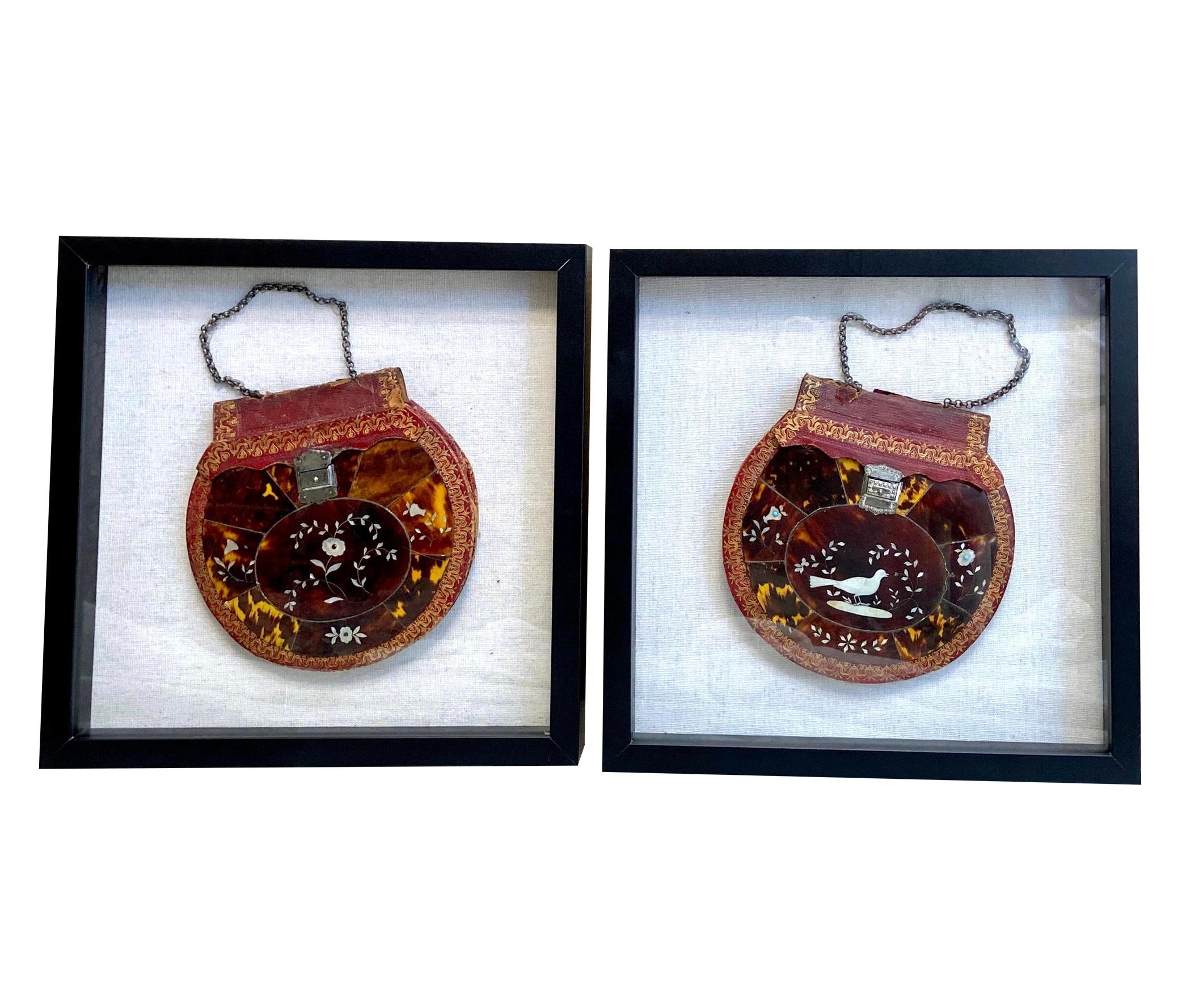Bohemian Turtle Shell with Mother of Pearl and Silver Inlay Purse Mounted in Shadowboxes For Sale
