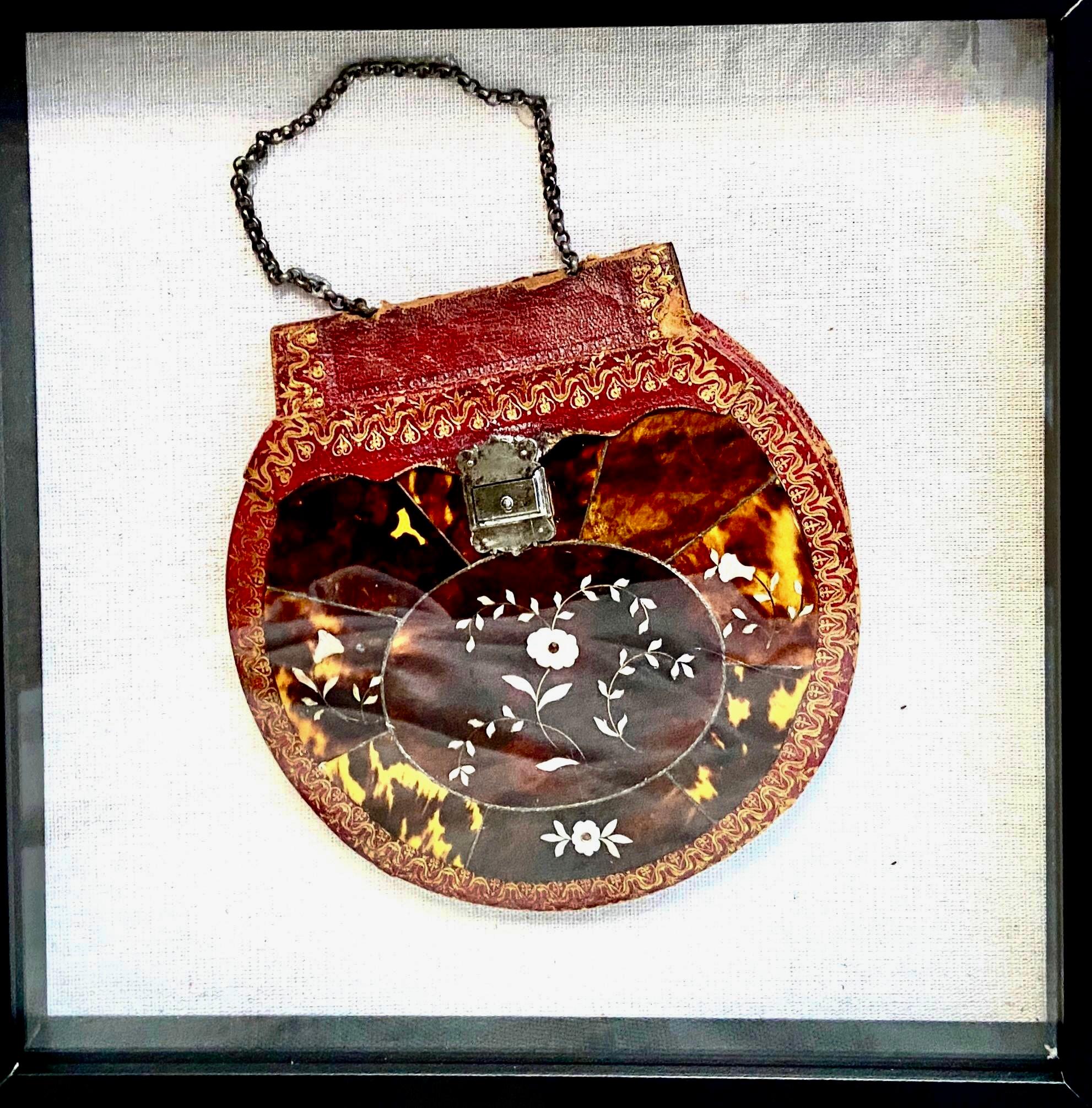 20th Century Turtle Shell with Mother of Pearl and Silver Inlay Purse Mounted in Shadowboxes For Sale