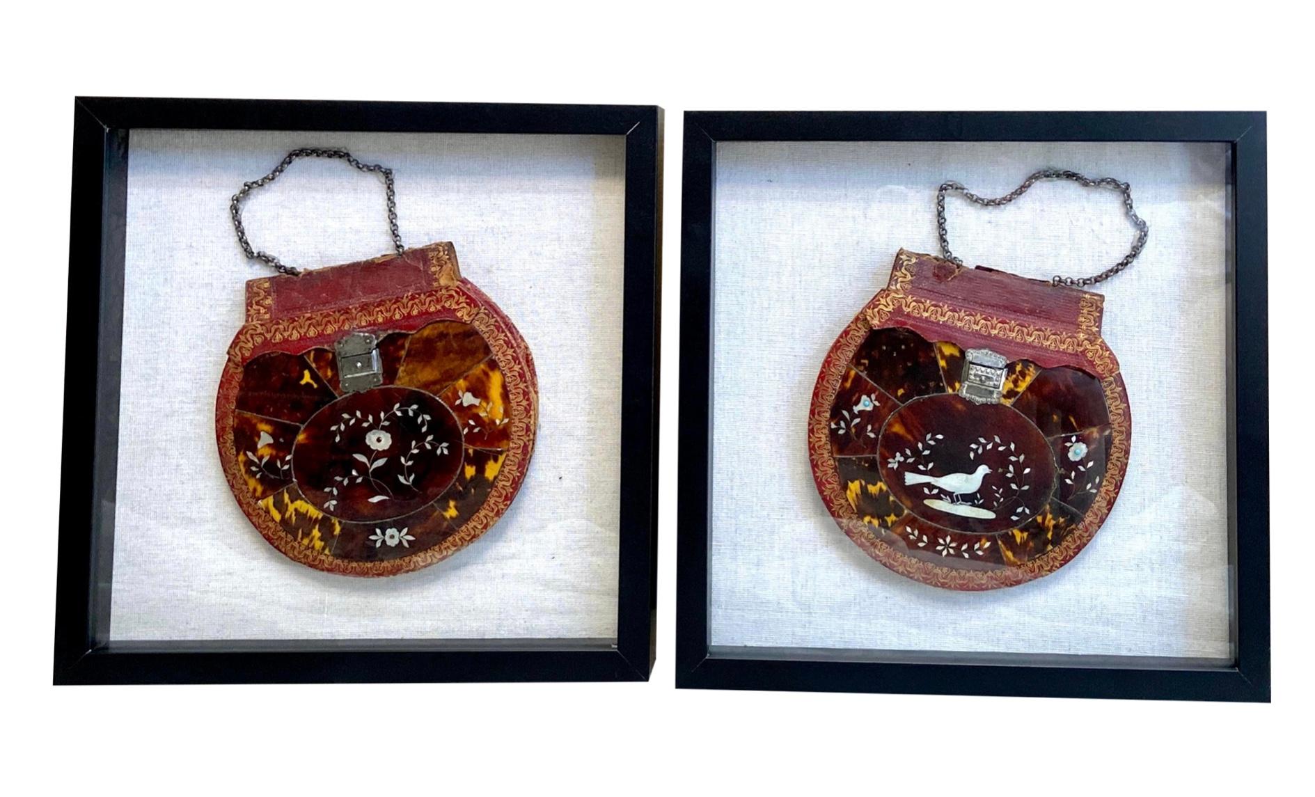Tortoise Shell Turtle Shell with Mother of Pearl and Silver Inlay Purse Mounted in Shadowboxes For Sale