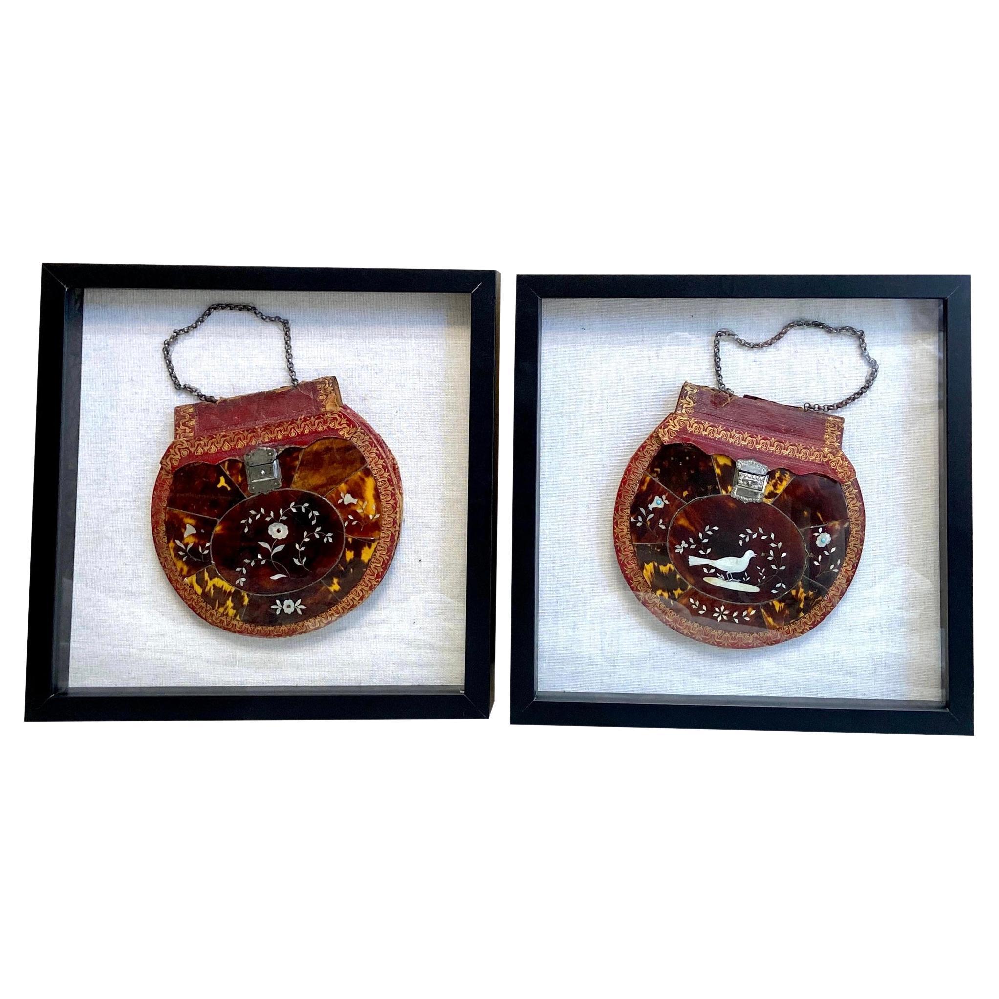 Turtle Shell with Mother of Pearl and Silver Inlay Purse Mounted in Shadowboxes For Sale