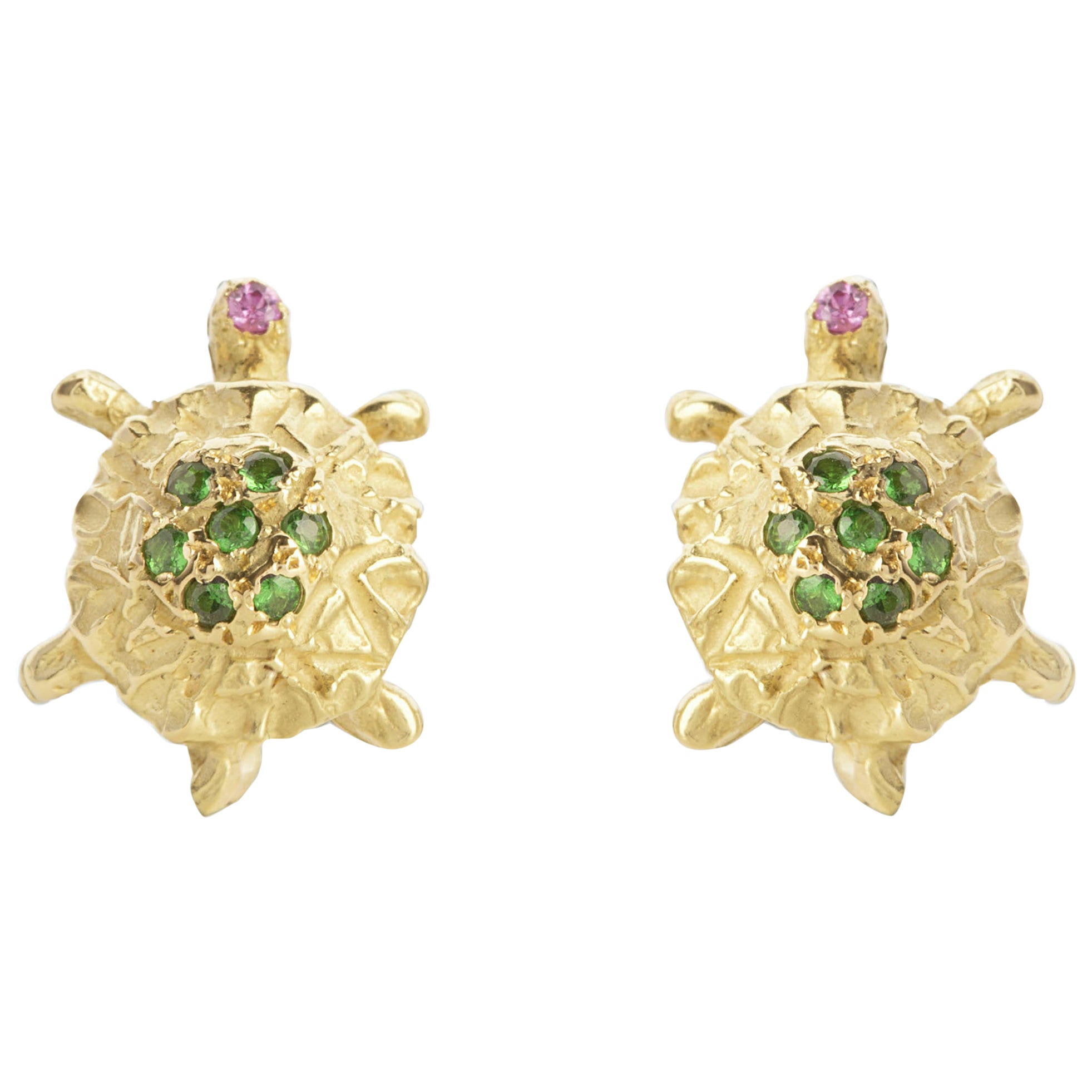 Pendientes Tortuga Oro Amarillo 18 Kilates Martillado Turmalina Verde Tsavorita