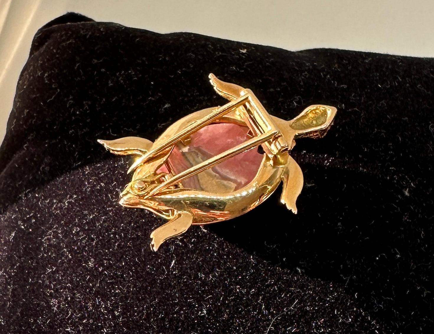 Turtle Tortoise Brooch Pin Ruby Pink Rhodochrosite 14 Karat Gold Mary Lou Daves For Sale 2