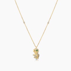 Turtle White Diamond & Green Garnet 18K Yellow Gold Pendant Animal Necklace