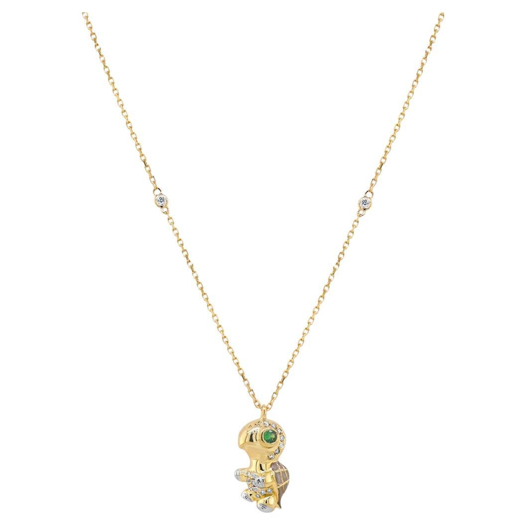 Turtle White Diamond & Green Garnet 18K Yellow Gold Pendant Animal Necklace For Sale