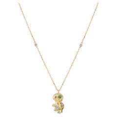 Turtle White Diamond & Green Garnet 18K Yellow Gold Pendant Animal Necklace