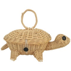 Sac à main fantaisie en osier Turtle Wicker Basket:: années 1960