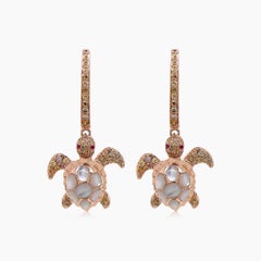 Turtles Fancy Diamond Red Ruby & White Pearl 18K Rose Gold Animal Earrings
