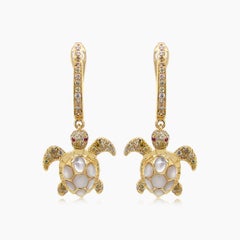 Turtles Fancy Diamond Red Ruby & White Pearl 18K Yellow Gold Animal Earrings