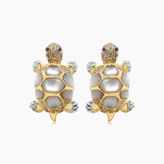 Turtles Fancy Diamond Red Ruby & White Pearl 18K Yellow Gold Animal Earrings