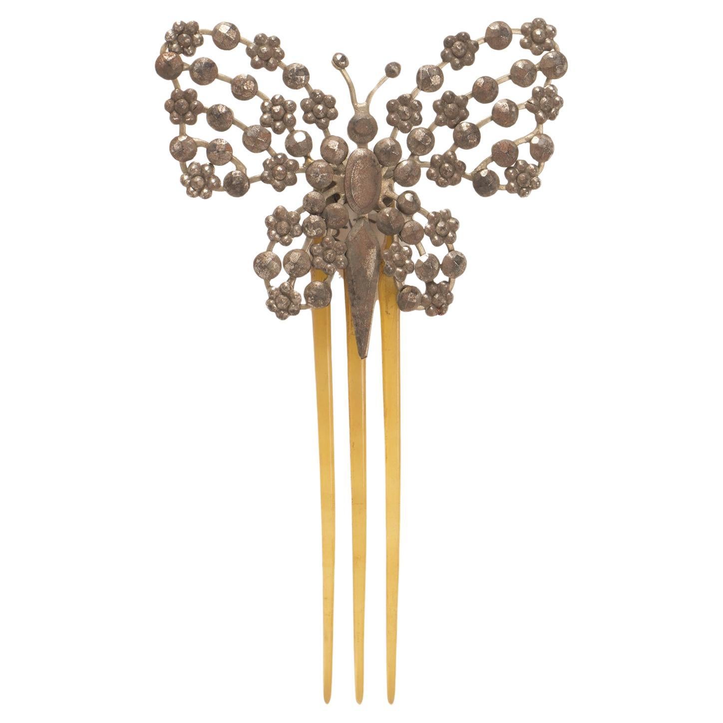 Turtleshell hair comb with butterfly in cutnsteel, France 1900.  For Sale