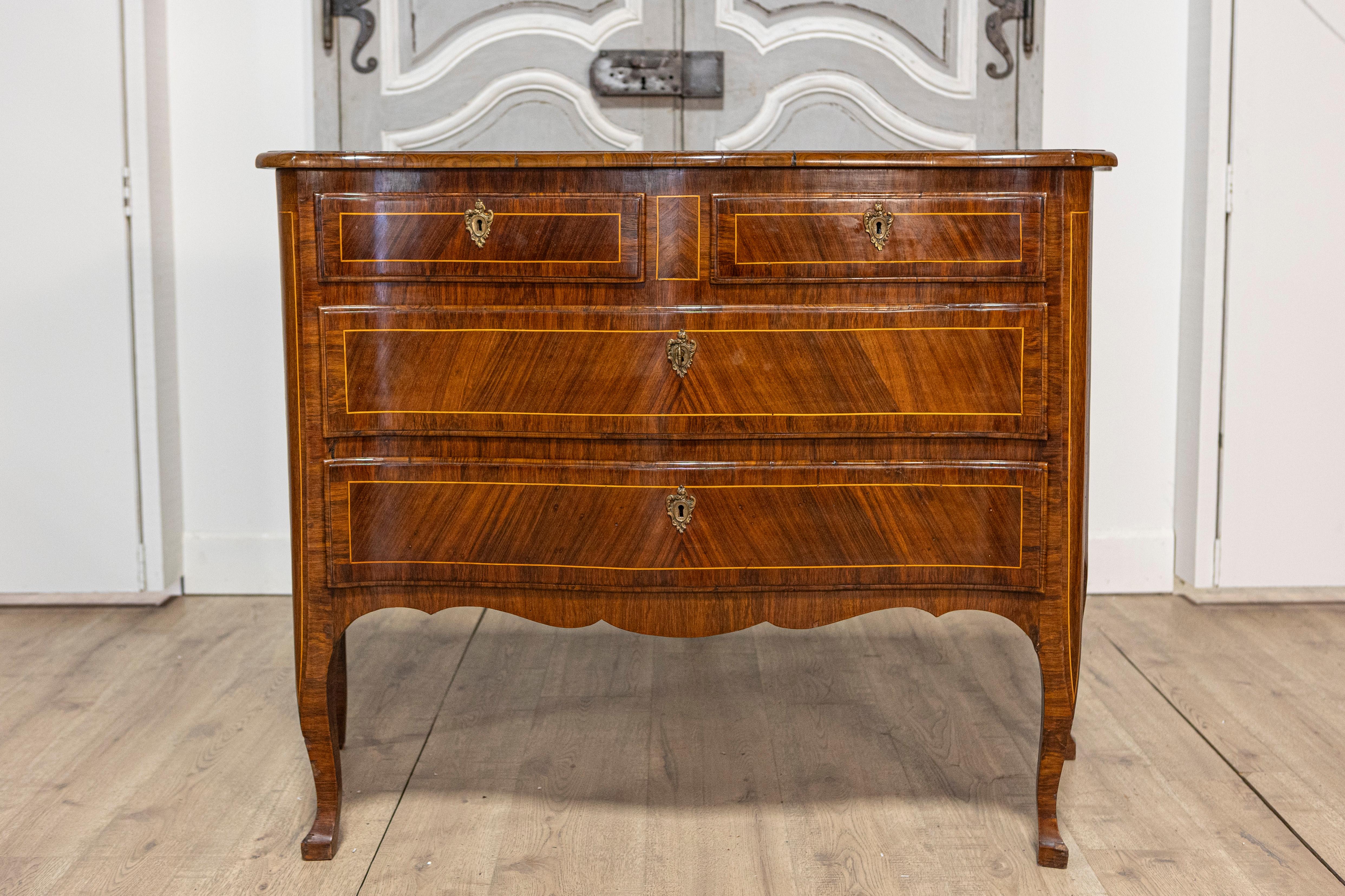 Italian Tuscan 1890s Walnut and Mahogany Four-Drawer Commode with Banding Inlay For Sale