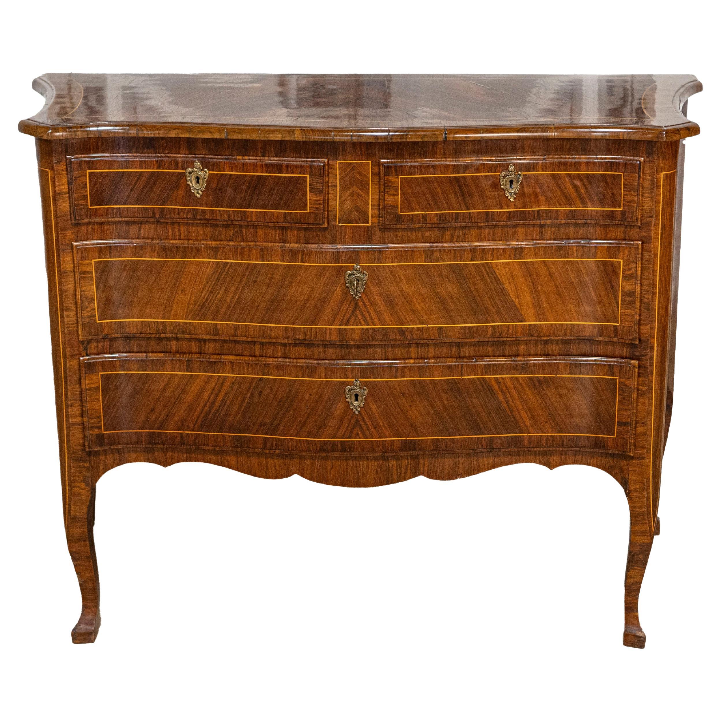 Tuscan 1890s Walnut and Mahogany Four-Drawer Commode with Banding Inlay For Sale
