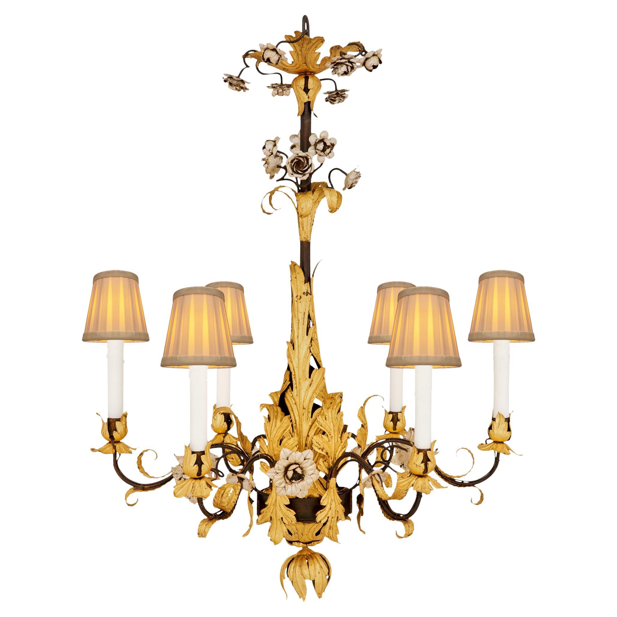 Lampadario toscano del XVIII secolo in ferro patinato, dorato e in foglia d'argento in vendita