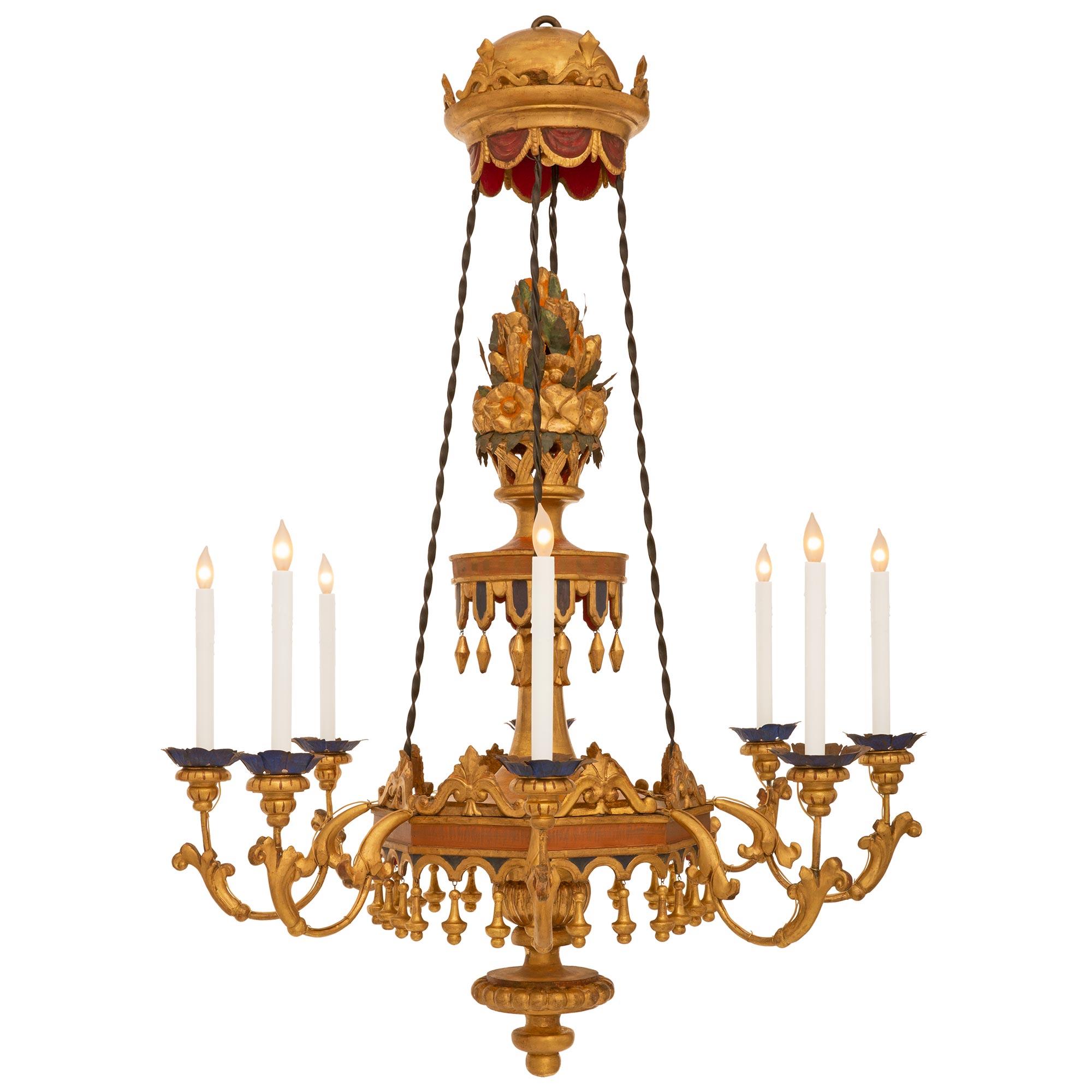 Italian Tuscan 19th Century Charles X Period Patinated & Giltwood Chandelier For Sale