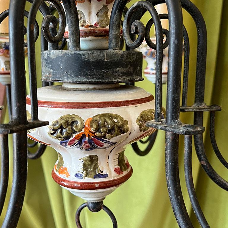 Metal Tuscan Hand Painted Iron and Ceramic 6 Arm Chandelier - Made in Italy For Sale