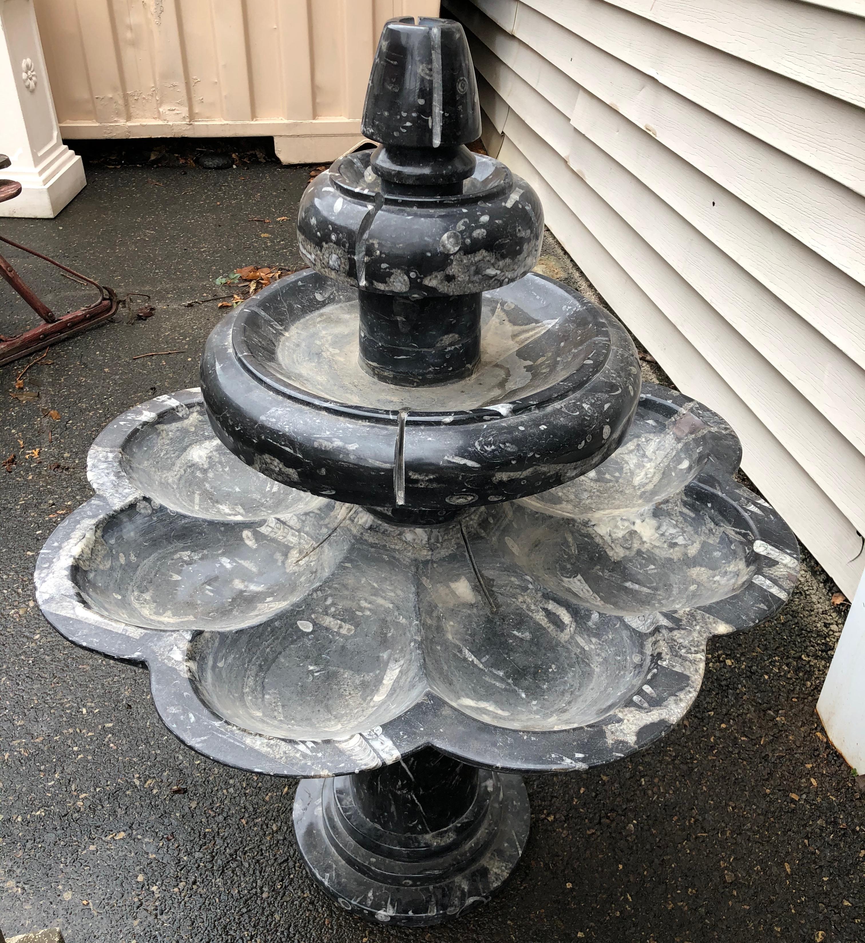 Add timeless beauty to your indoor or outdoor space with this 3-tier all marble Fountain. The fountain is carved from solid blocks of pure Gray marble. The fountain needs water pump installed.

Dimensions: 42