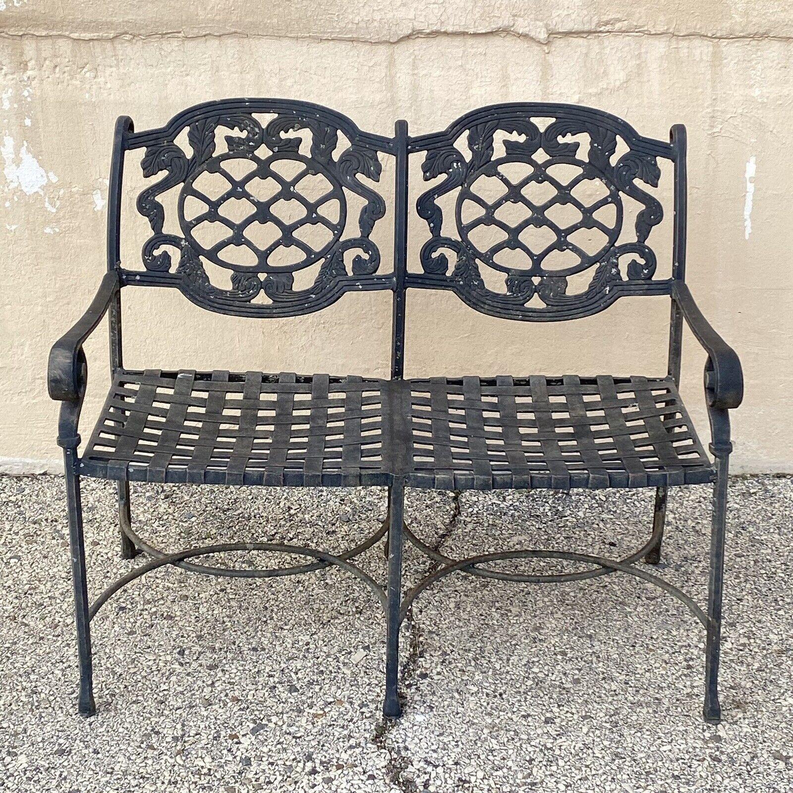 Tuscan Mediterranean Style Cast Aluminum Garden Patio Settee Loveseat. Item featured is 21st Century, Pre-owned. Measurements: 34