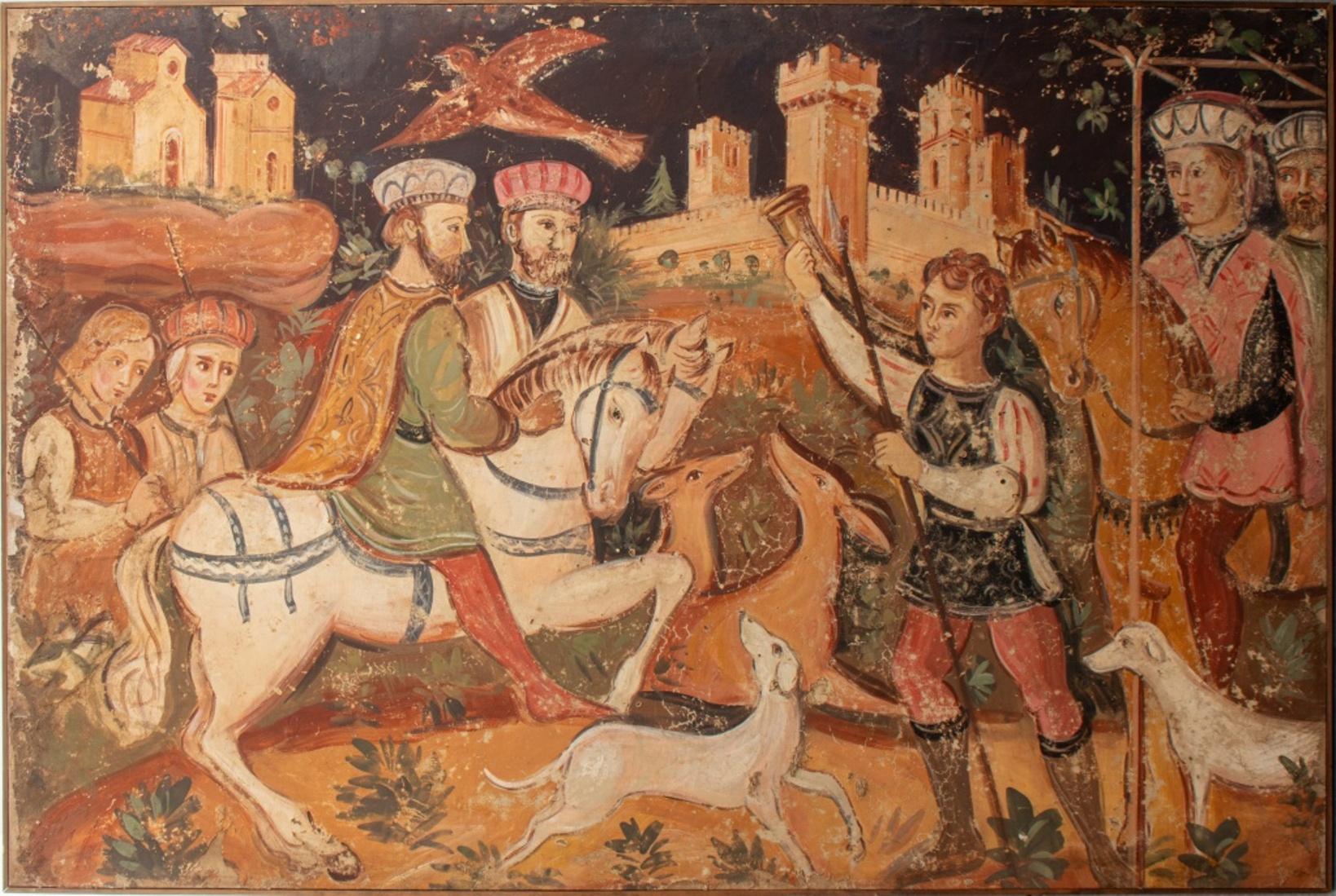 20th Century Tuscan Renaissance Fresco Style Tempera on Canvas