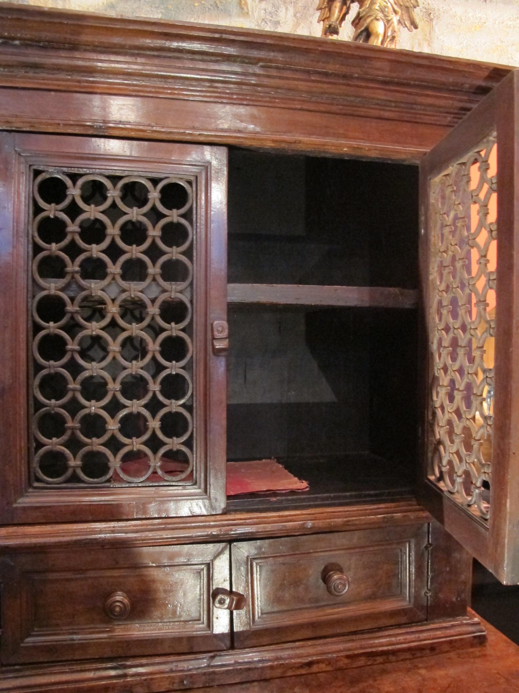 18th Century and Earlier Tuscan Renaissance Wrought Iron and Walnut Cabinet For Sale