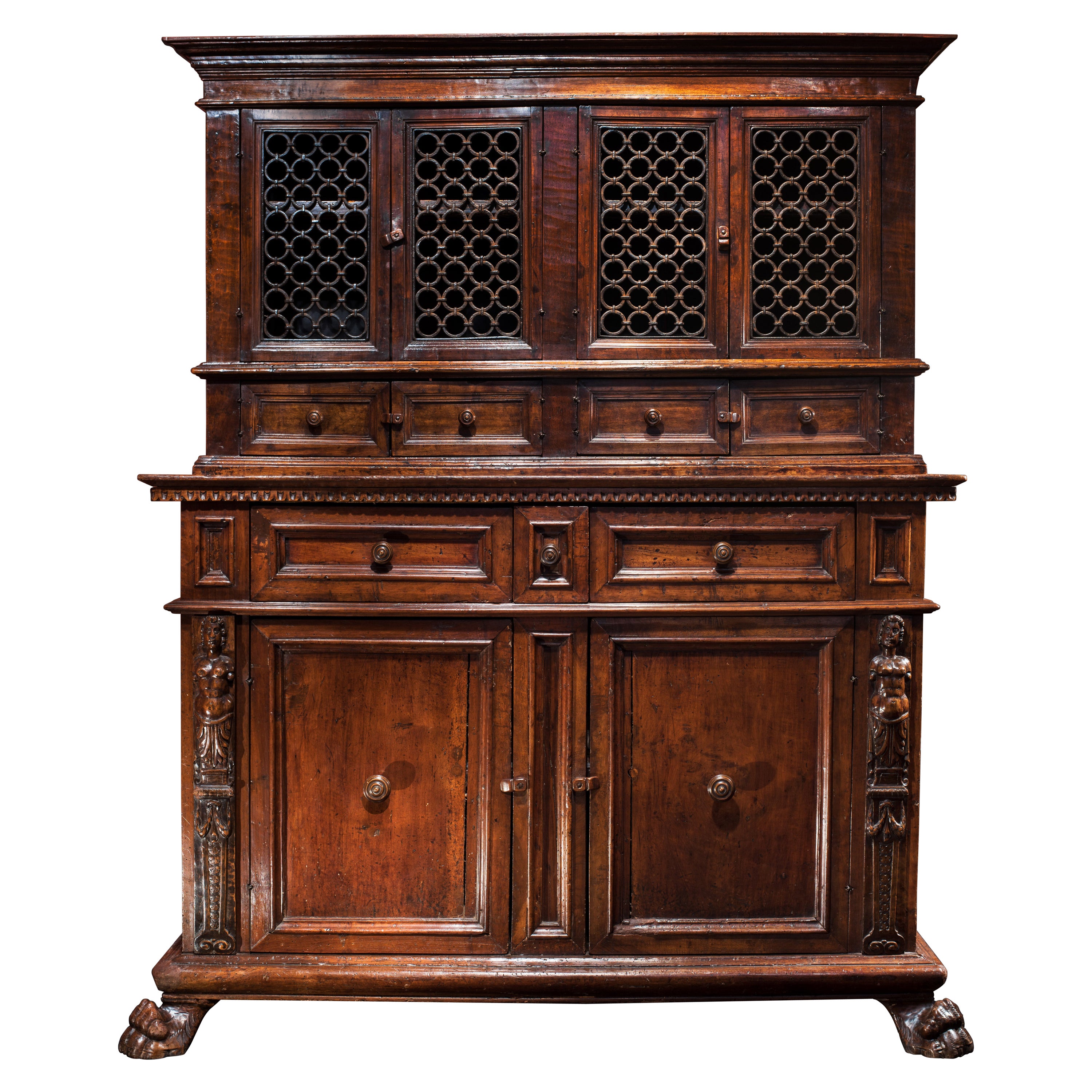 Tuscan Renaissance Wrought Iron and Walnut Cabinet For Sale