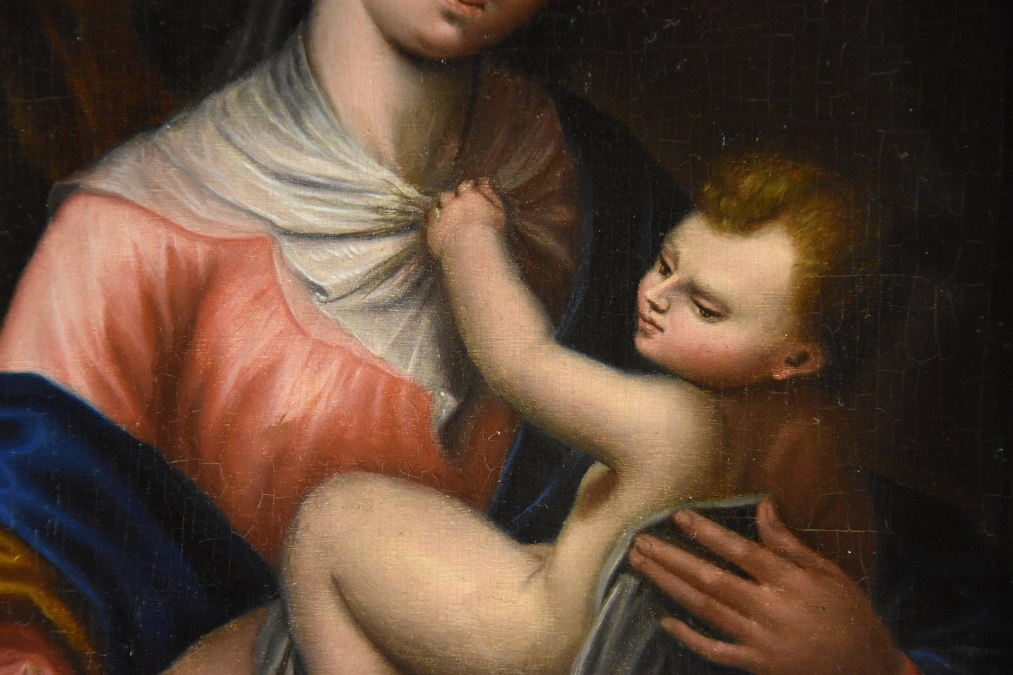 Die Heilige Familie Religiöses Gemälde Öl auf Tisch Toskanische Schule 17/18 Jahrhundert Kunst im Angebot 7