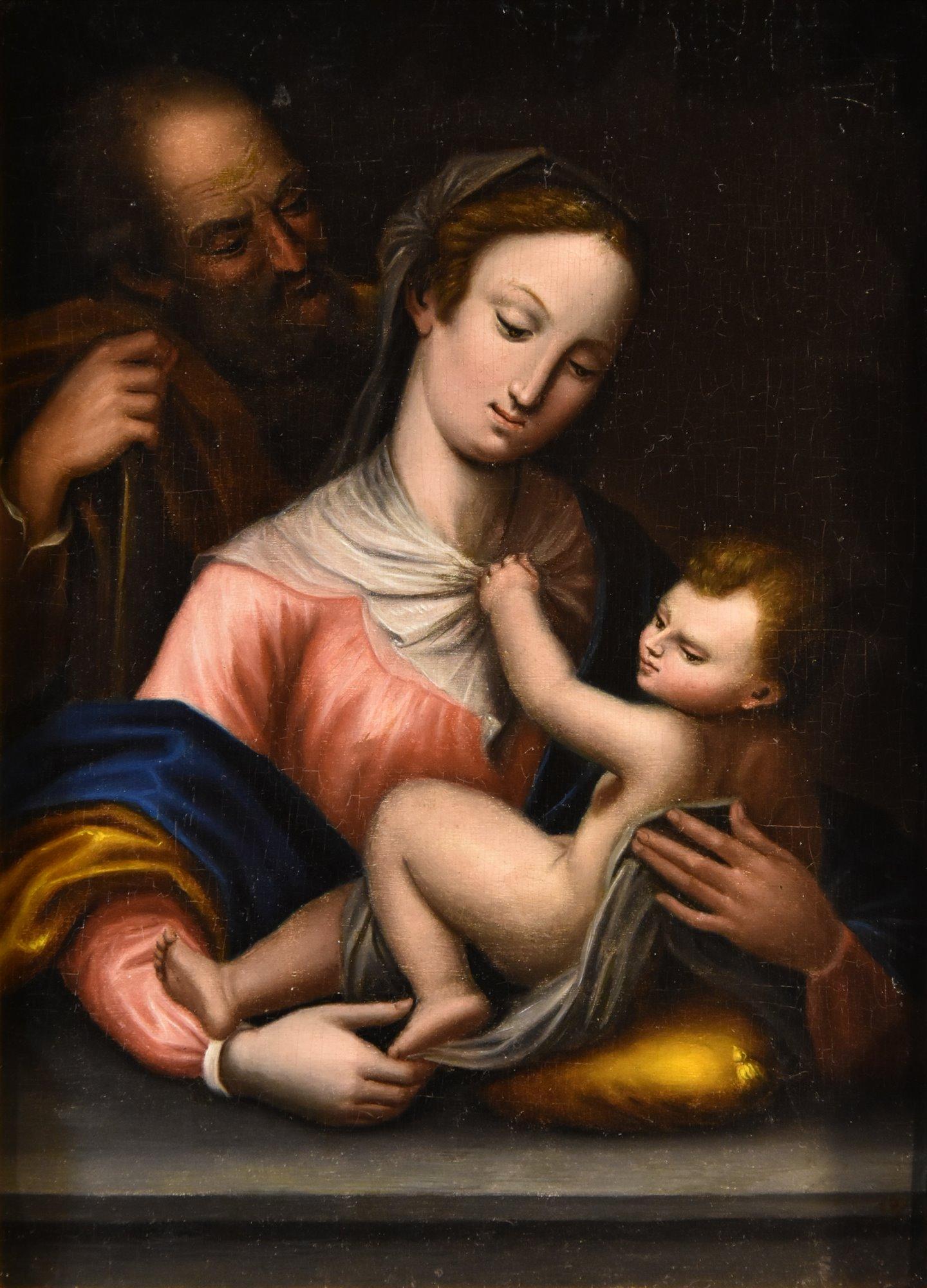 Die Heilige Familie Religiöses Gemälde Öl auf Tisch Toskanische Schule 17/18 Jahrhundert Kunst – Painting von  Tuscan School 17th-18th Century