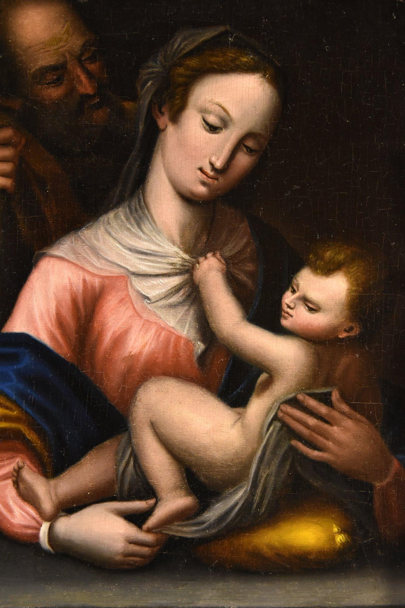 Die Heilige Familie Religiöses Gemälde Öl auf Tisch Toskanische Schule 17/18 Jahrhundert Kunst (Alte Meister), Painting, von  Tuscan School 17th-18th Century