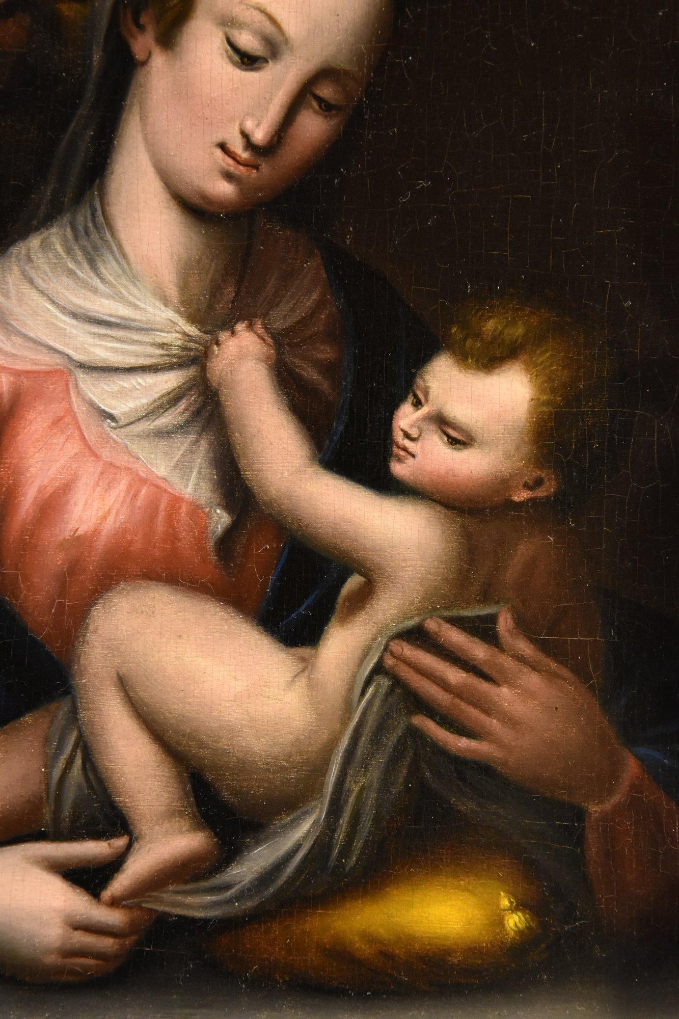 Die Heilige Familie Religiöses Gemälde Öl auf Tisch Toskanische Schule 17/18 Jahrhundert Kunst (Beige), Portrait Painting, von  Tuscan School 17th-18th Century