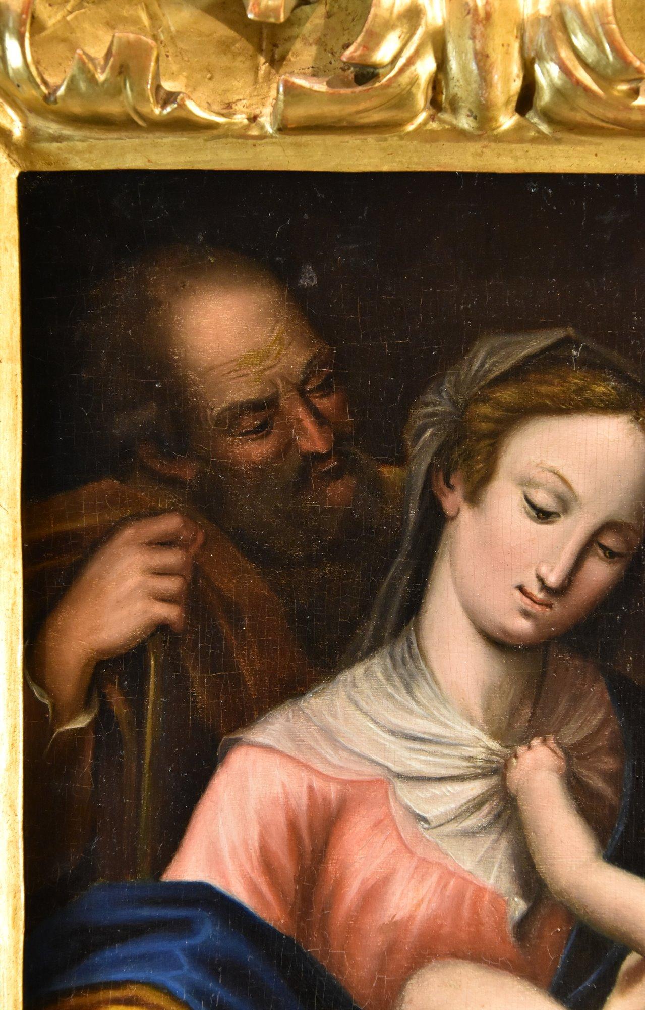 Die Heilige Familie Religiöses Gemälde Öl auf Tisch Toskanische Schule 17/18 Jahrhundert Kunst im Angebot 1