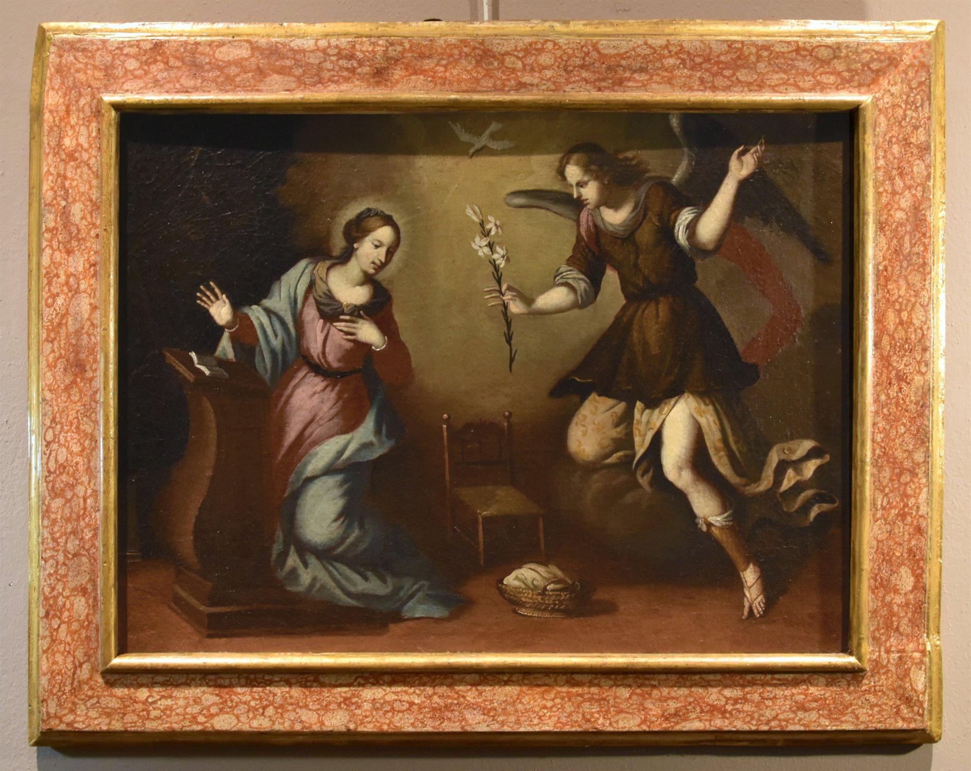 Annunciation Tuscan School 17th Century Paint Oil on canvas Old master Religious - Painting by Tuscan School, 17th Century