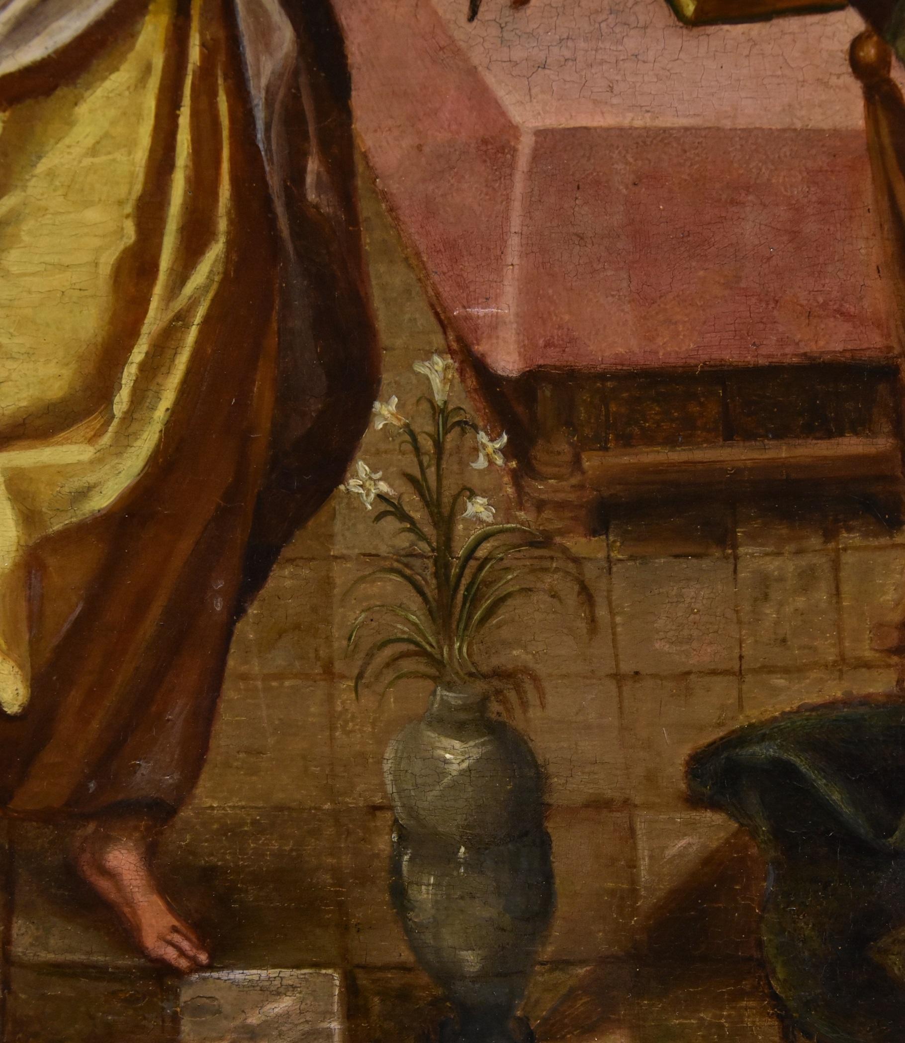 Annunciation Religious Paint Oil on table Tuscan School 16th Century Old master For Sale 8