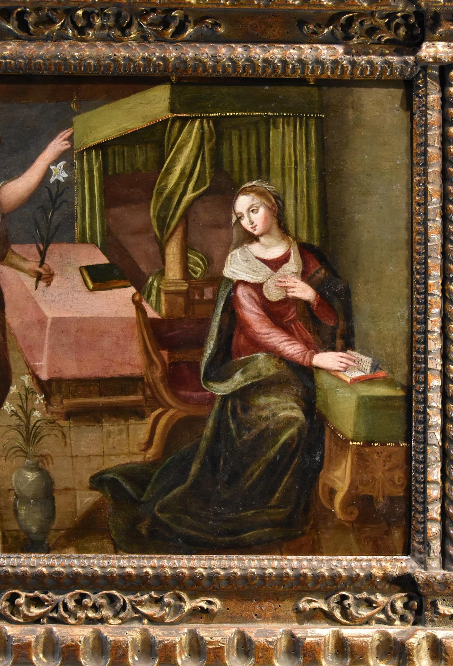 Annunciation Religious Paint Oil on table Tuscan School 16th Century Old master For Sale 1