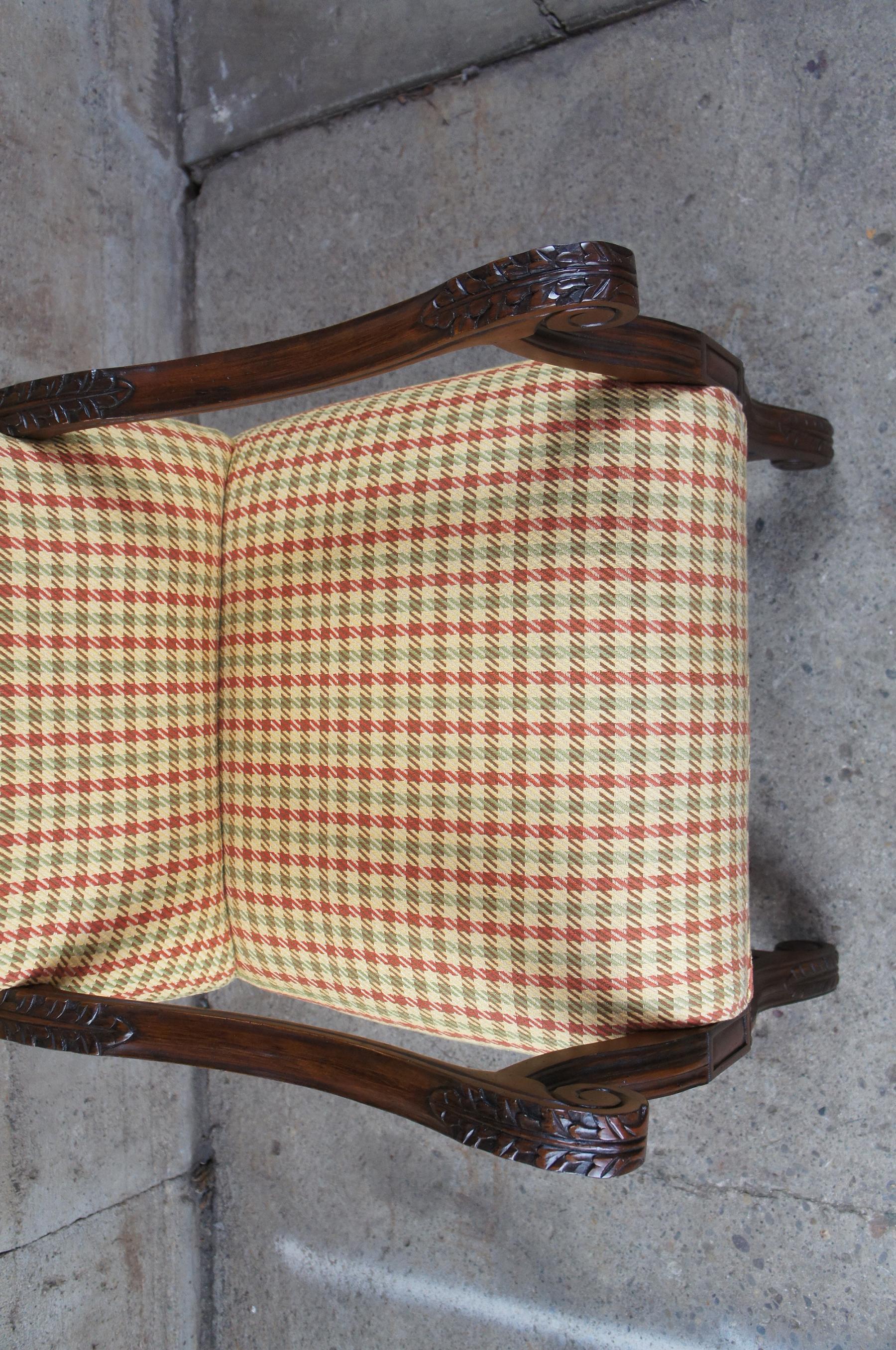 Tuscan Spanish Revival Mahogany Old World Armchair Houndstooth Plaid Italian