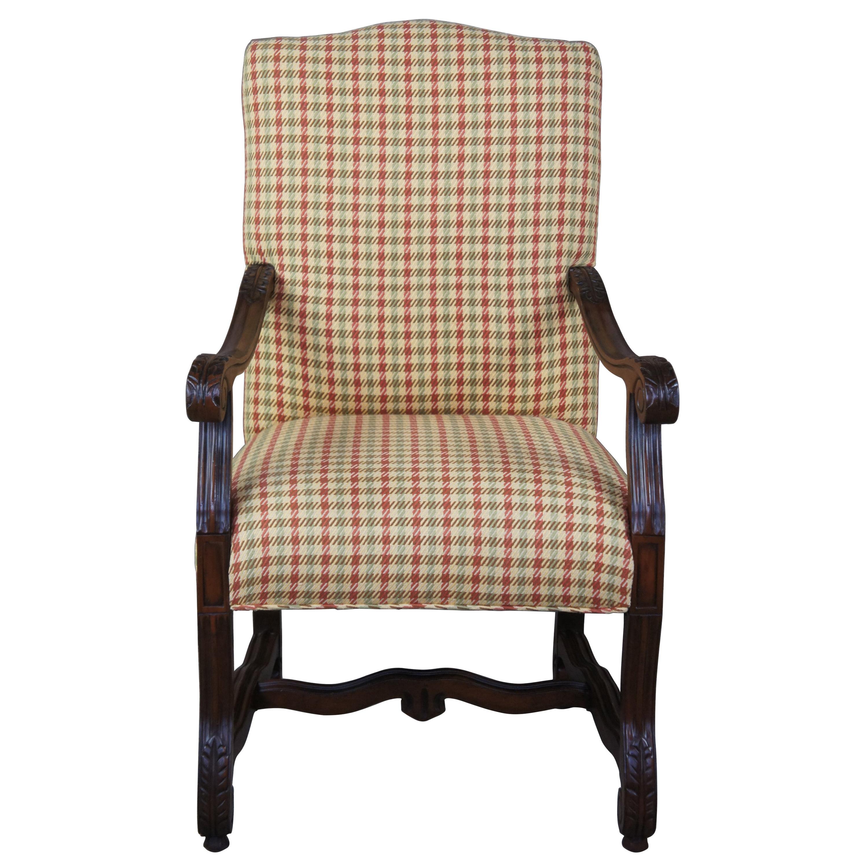 Tuscan Spanish Revival Mahogany Old World Armchair Houndstooth Plaid Italian"