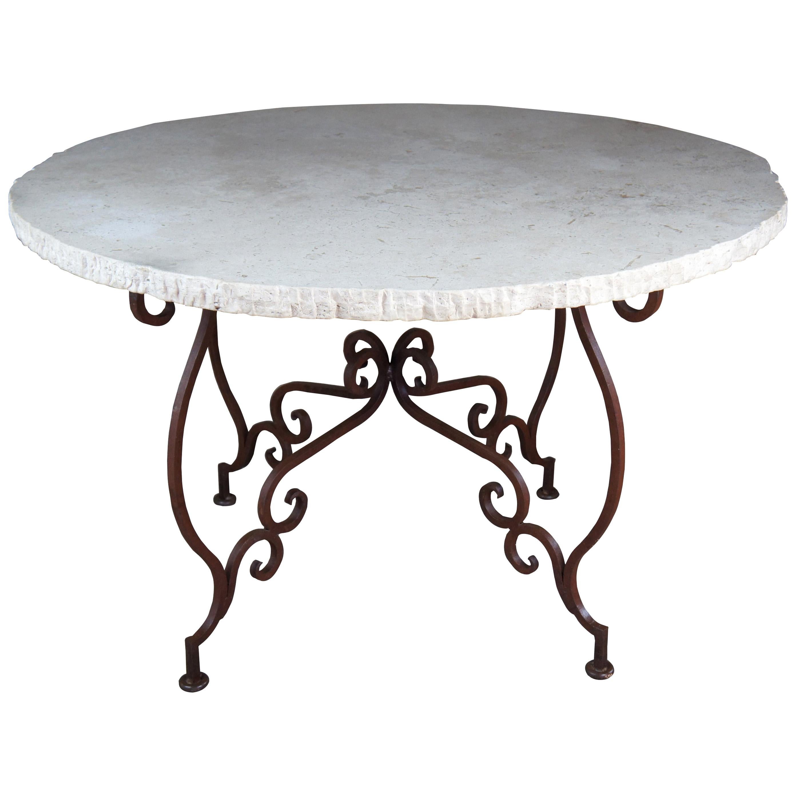 Tuscan Style Scrolled Iron Center Table with Stone Top French Entryway Pedestal
