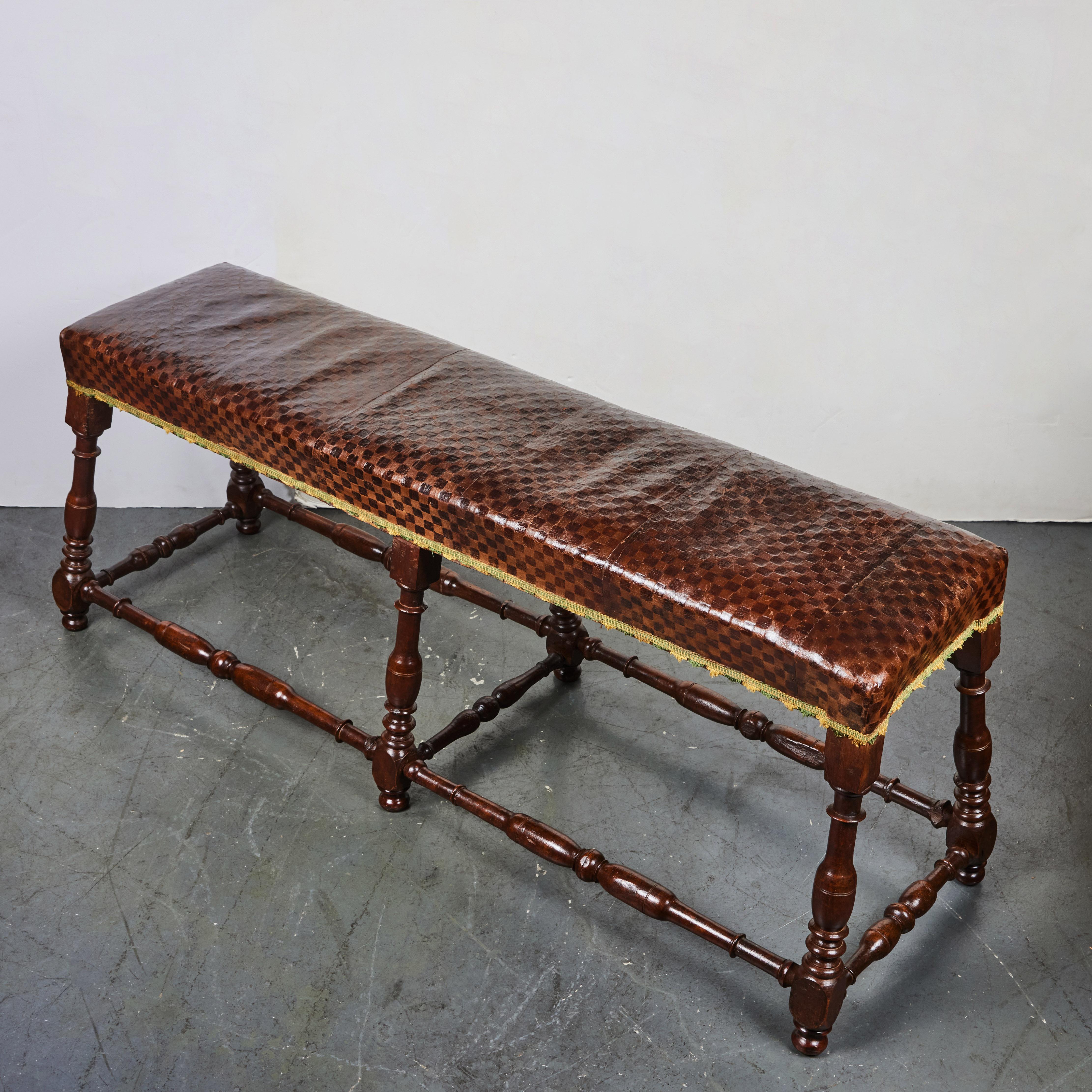 Italian Tuscan Walnut and Leather Bench For Sale