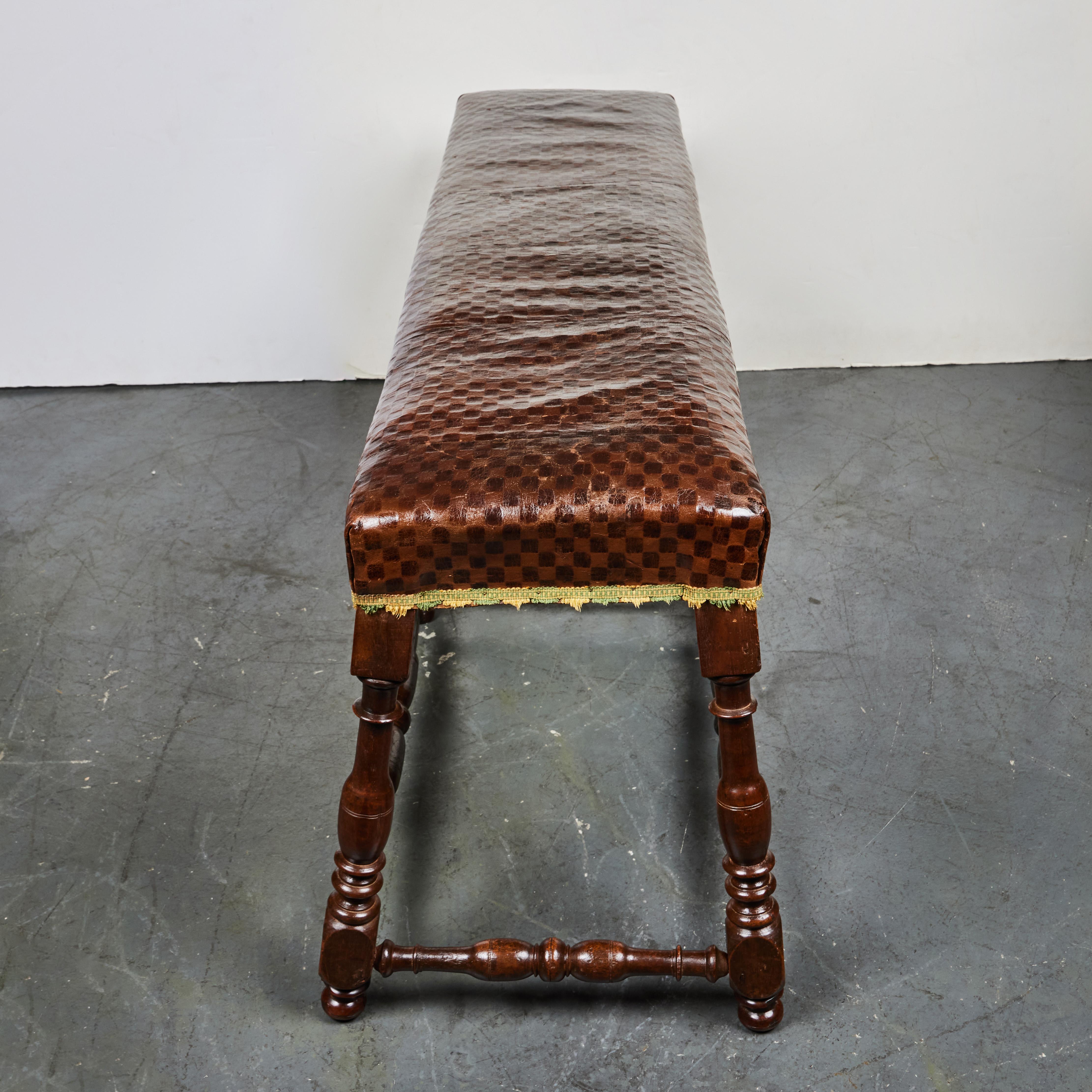 Hand-Carved Tuscan Walnut and Leather Bench For Sale